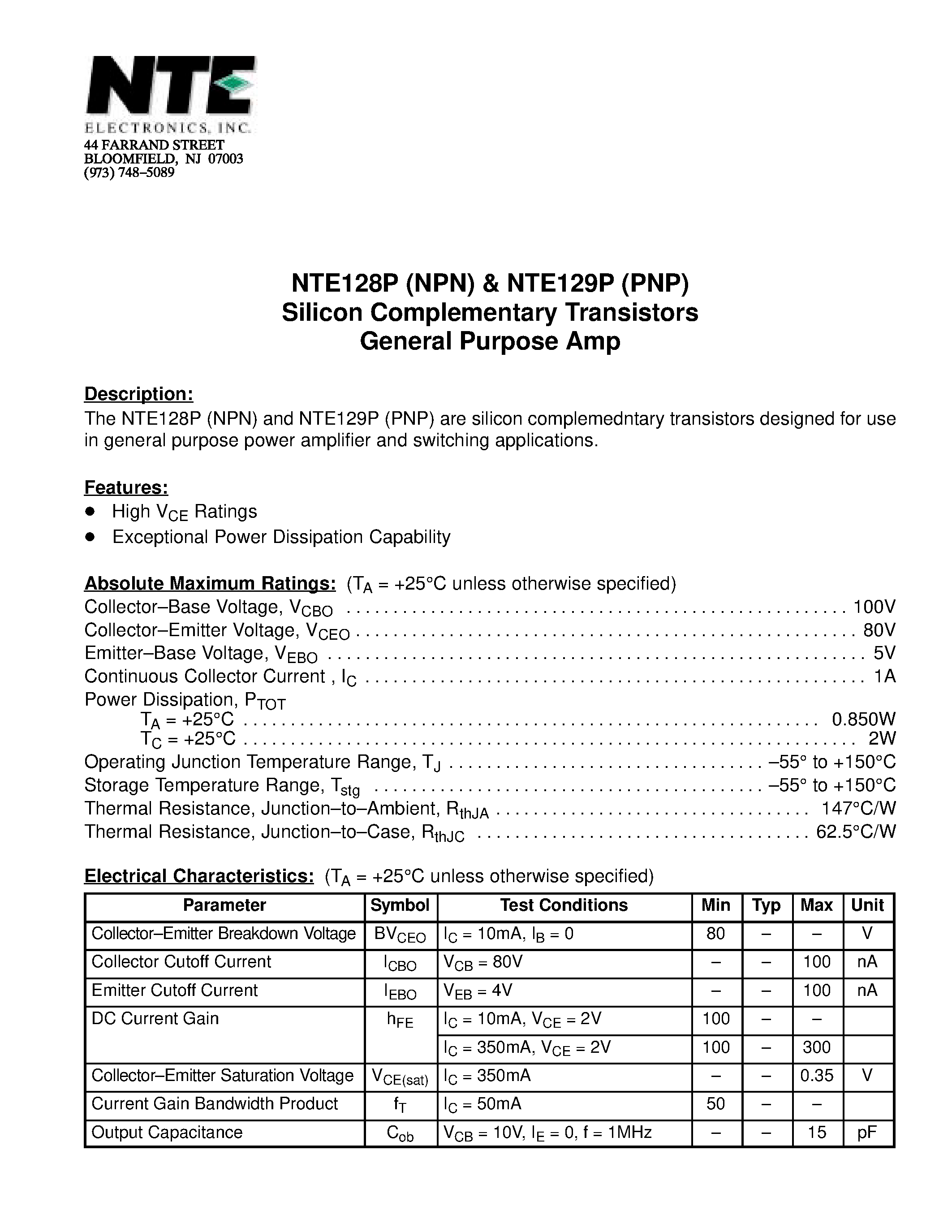 Datasheet NTE128P - Silicon Complementary Transistors General Purpose Amp page 1
