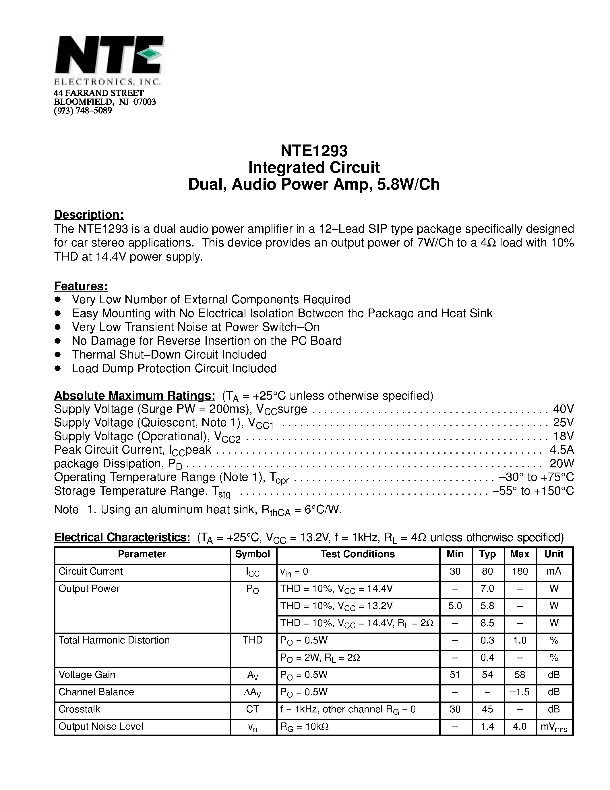 Datasheet NTE1293 - Integrated Circuit Dual / Audio Power Amp / 5.8W/Ch page 1