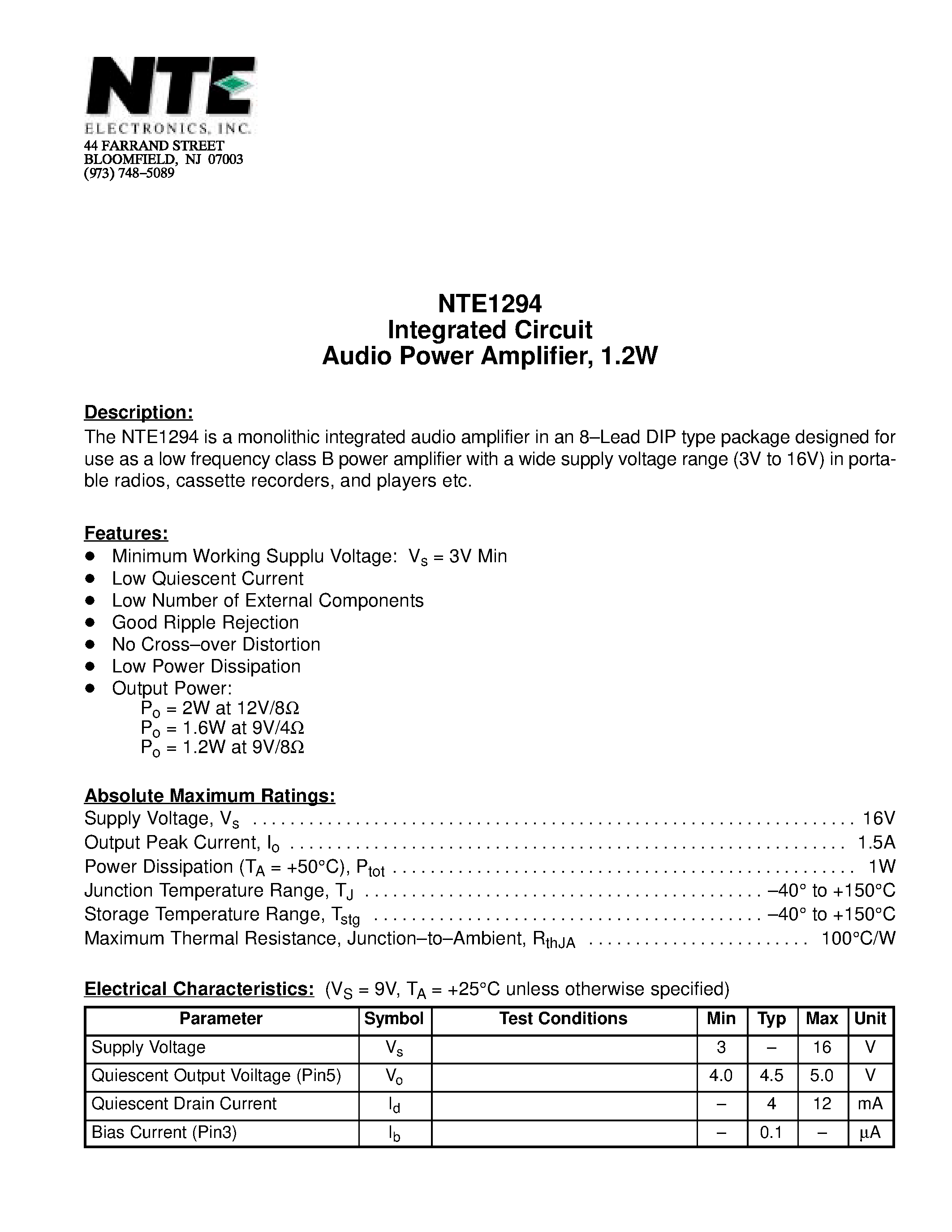 Datasheet NTE1294 - Integrated Circuit Audio Power Amplifier / 1.2W page 1