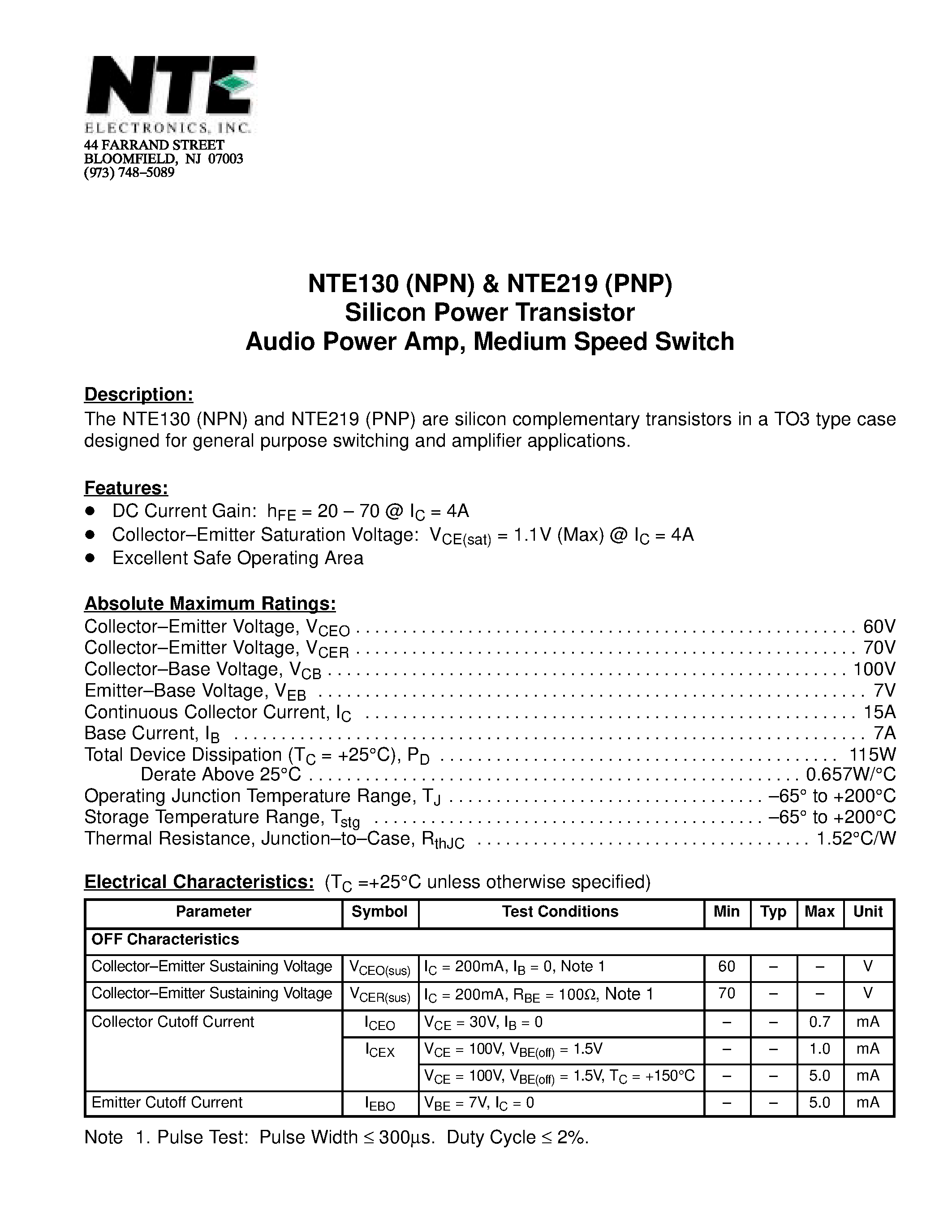 Datasheet NTE130 page 1 Datasheet NTE130 - Silicon Power Transistor Audio Power Amp / Medium Speed Switch page 1