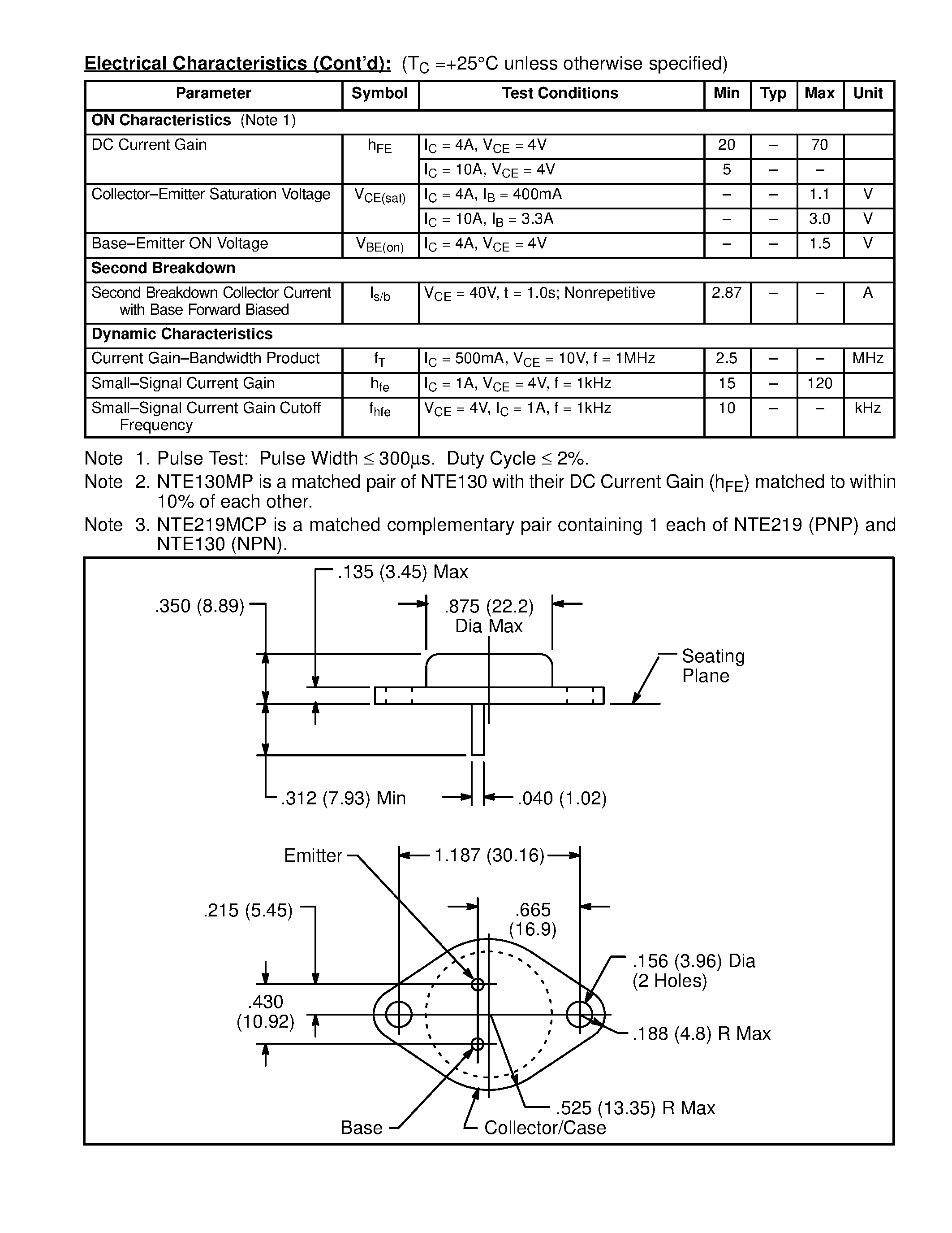 Datasheet NTE130 page 2 Datasheet NTE130 - Silicon Power Transistor Audio Power Amp / Medium Speed Switch page 2