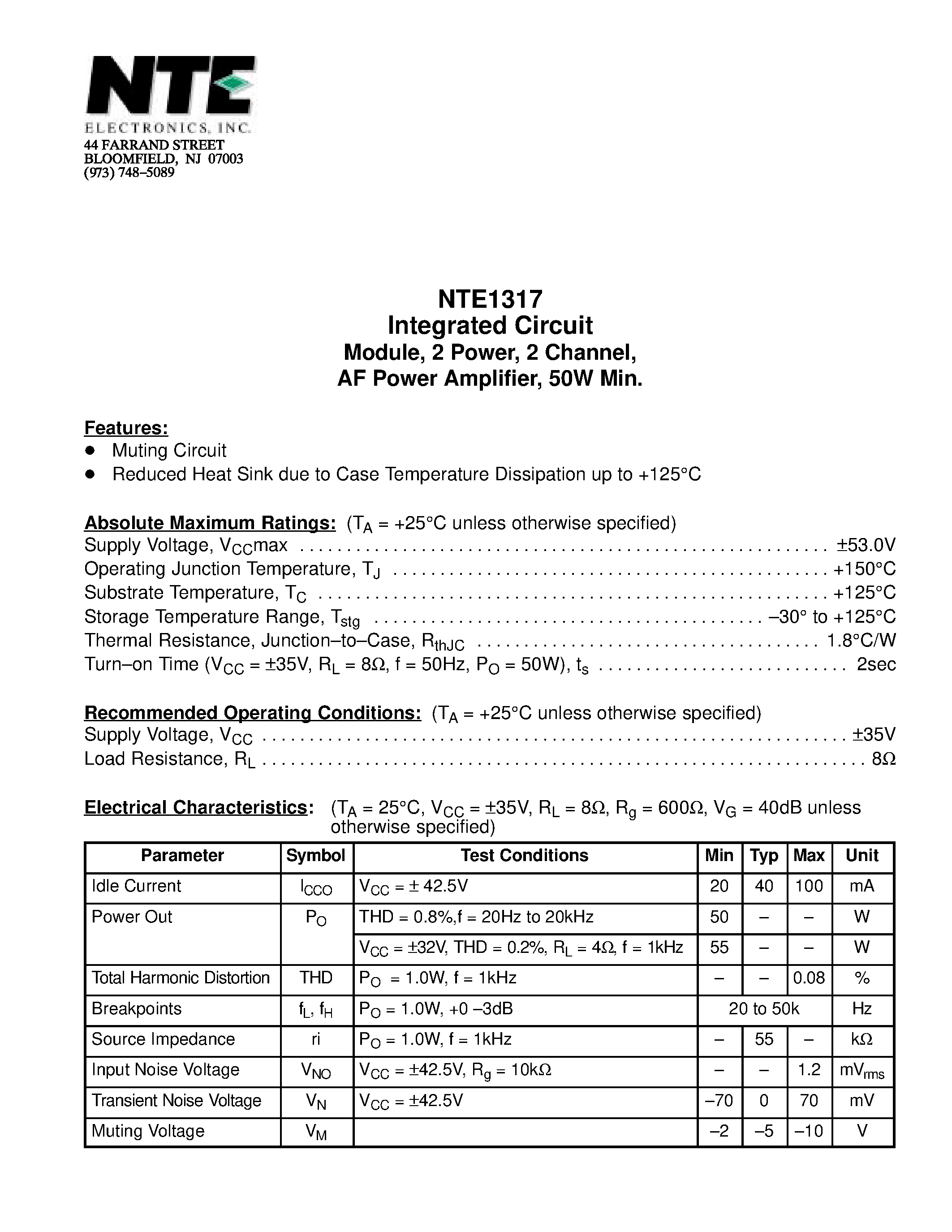 Datasheet NTE1317 - Integrated Circuit Module / 2 Power / 2 Channel / AF Power Amplifier / 50W Min. page 1