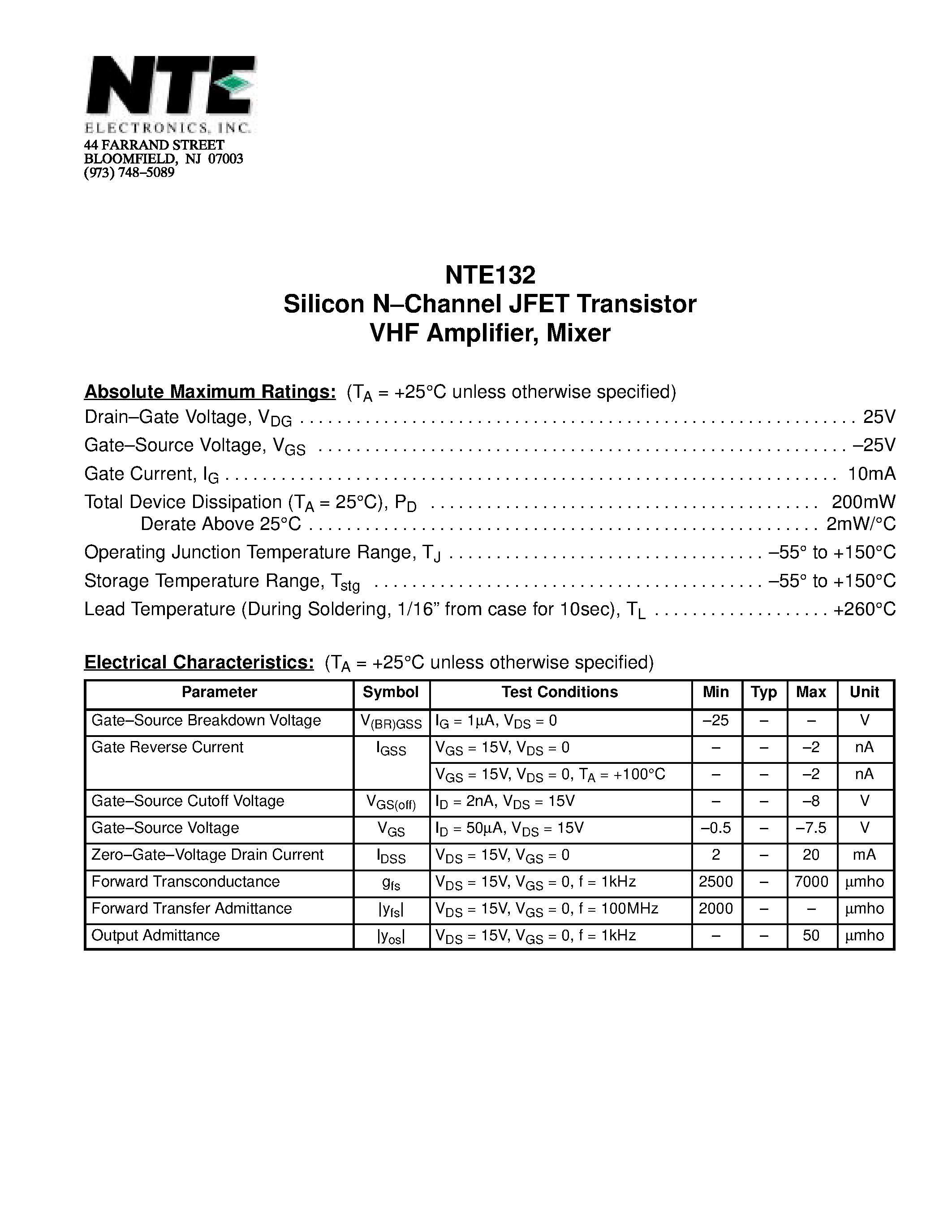 Datasheet NTE132 - Silicon N-Channel JFET Transistor VHF Amplifier / Mixer page 1