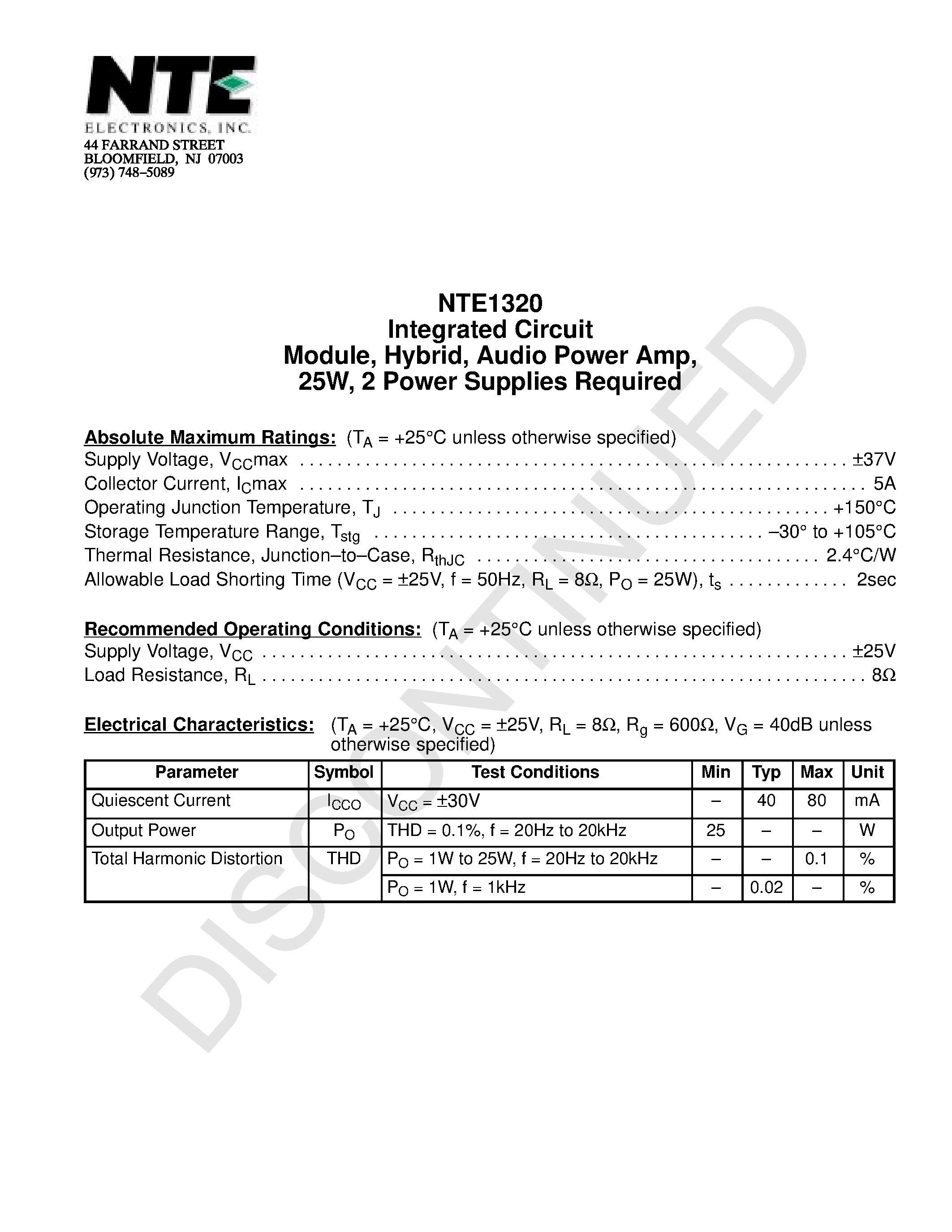 Datasheet NTE1320 - Integrated Circuit Module / Hybrid / Audio Power Amp / 25W / 2 Power Supplies Required page 1