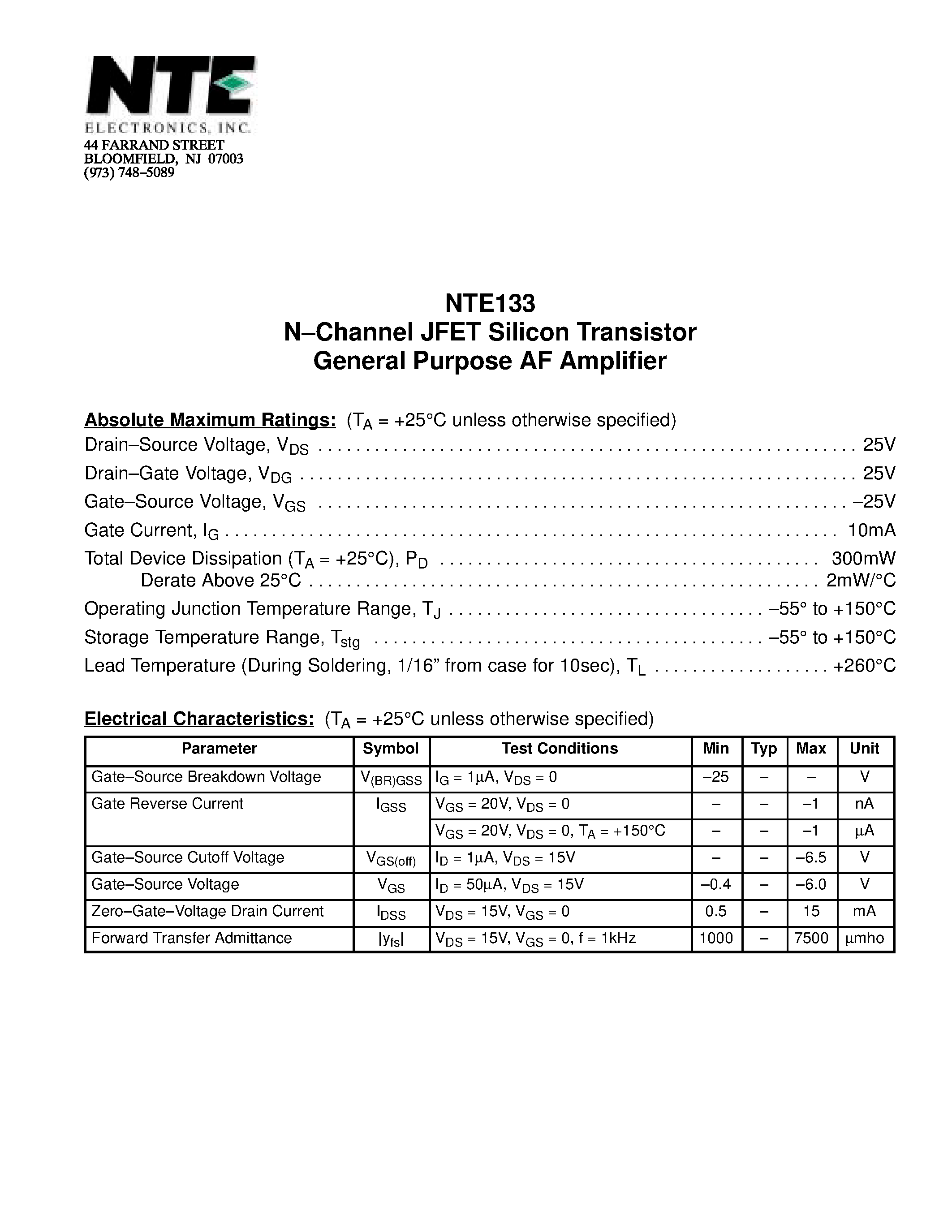 Datasheet NTE133 - N.Channel JFET Silicon Transistor General Purpose AF Amplifier page 1