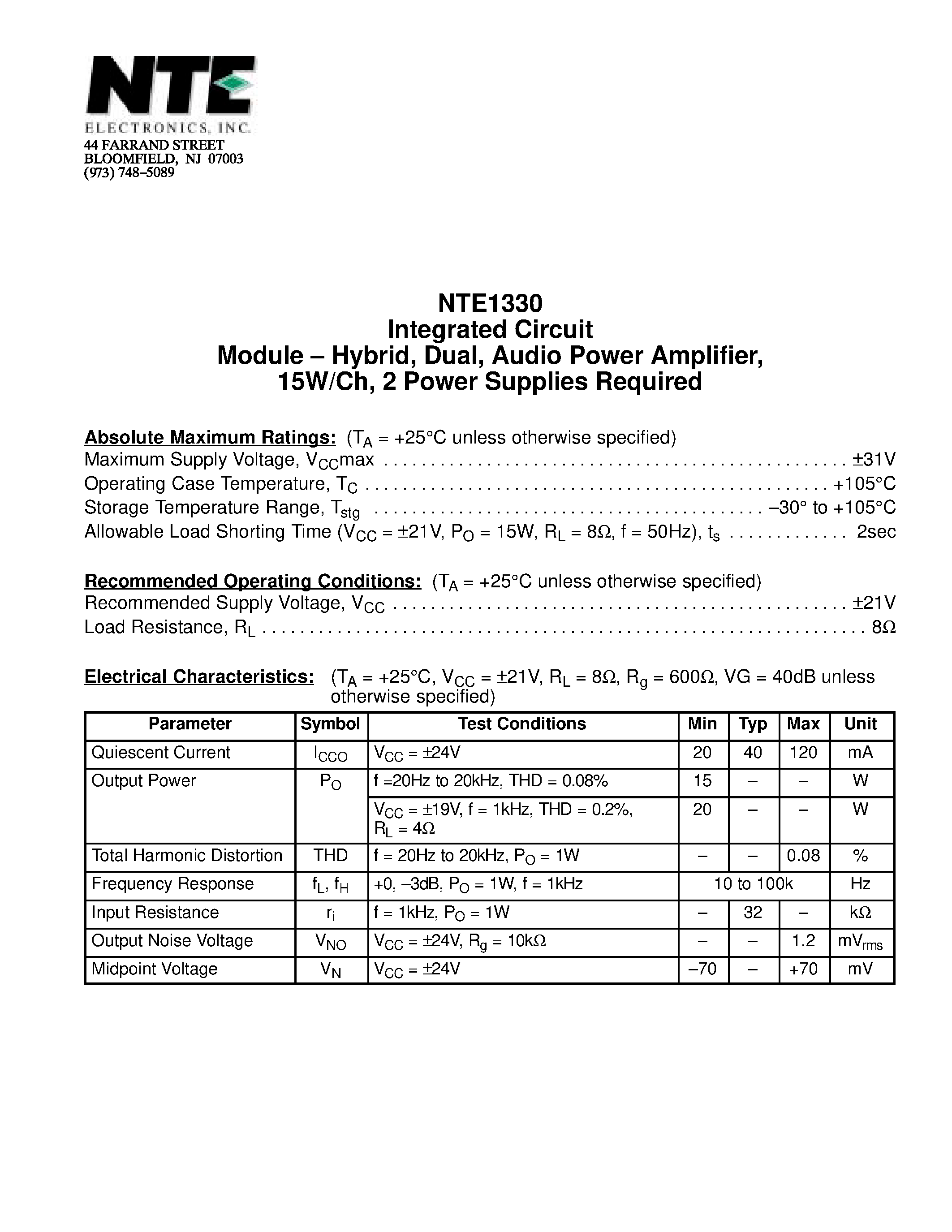 Datasheet NTE1330 - Integrated Circuit Module - Hybrid / Dual / Audio Power Amplifier / 15W/Ch / 2 Power Supplies Required page 1