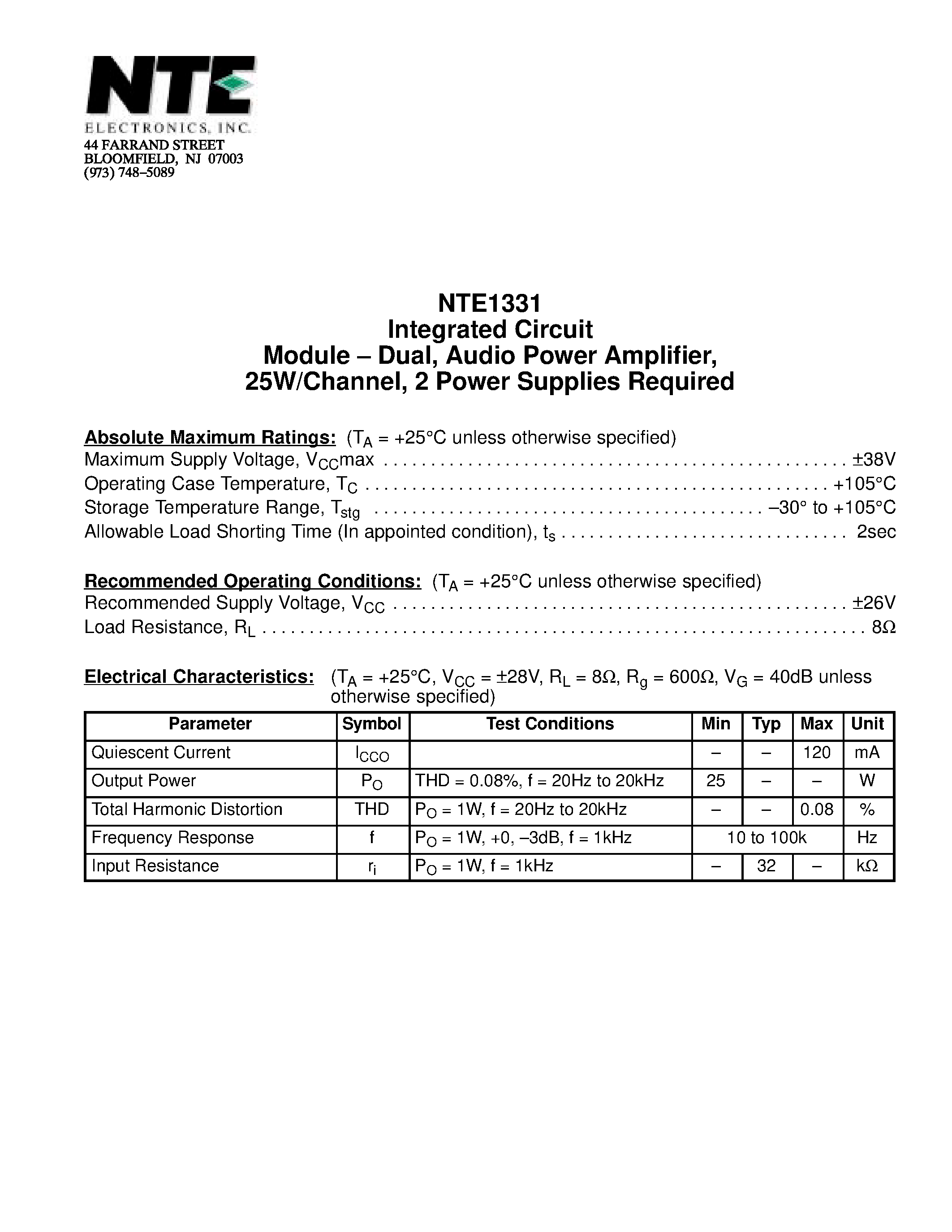 Datasheet NTE1331 - Integrated Circuit Module - Dual / Audio Power Amplifier / 25W/Channel / 2 Power Supplies Required page 1