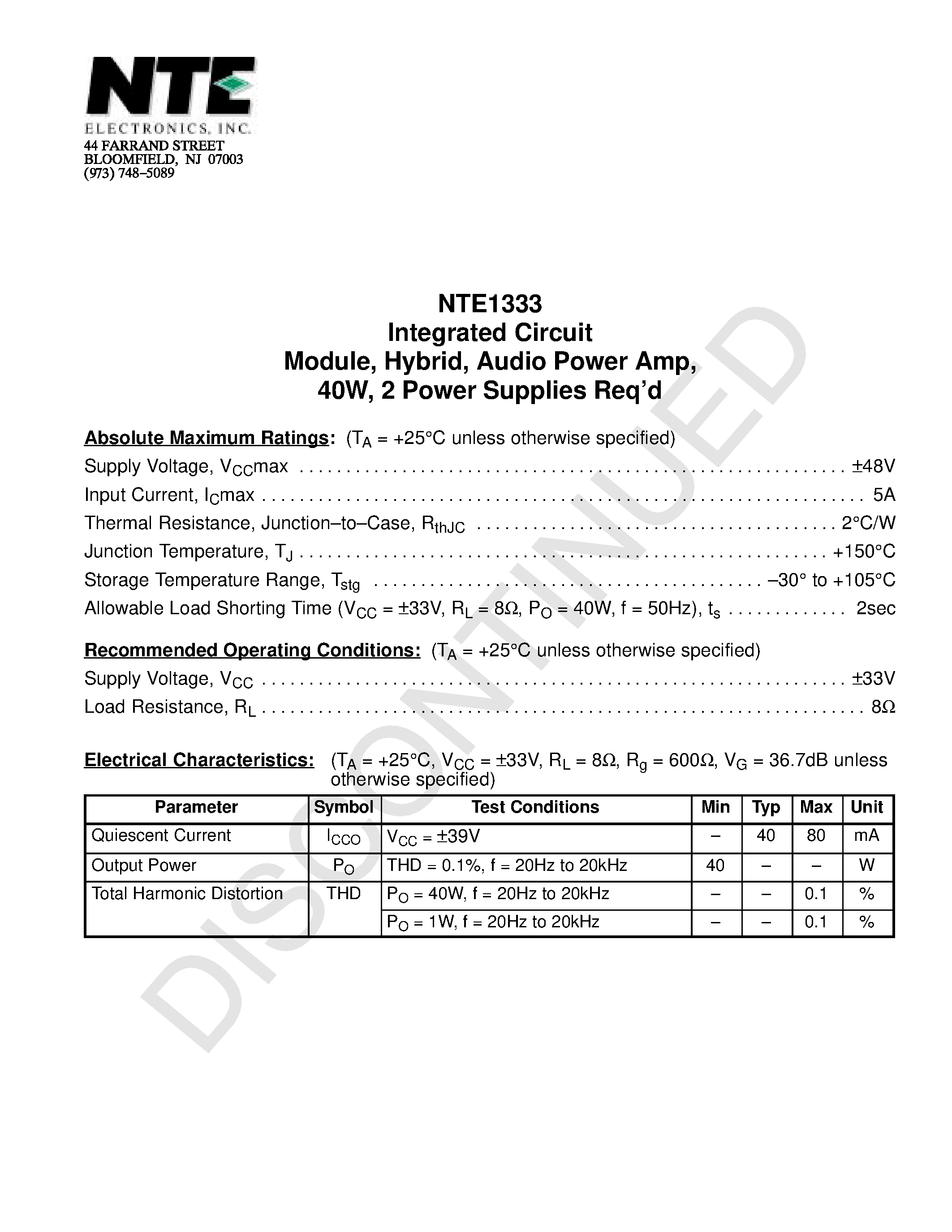 Datasheet NTE1333 - Integrated Circuit Module / Hybrid / Audio Power Amp / 40W / 2 Power Supplies Reqd page 1