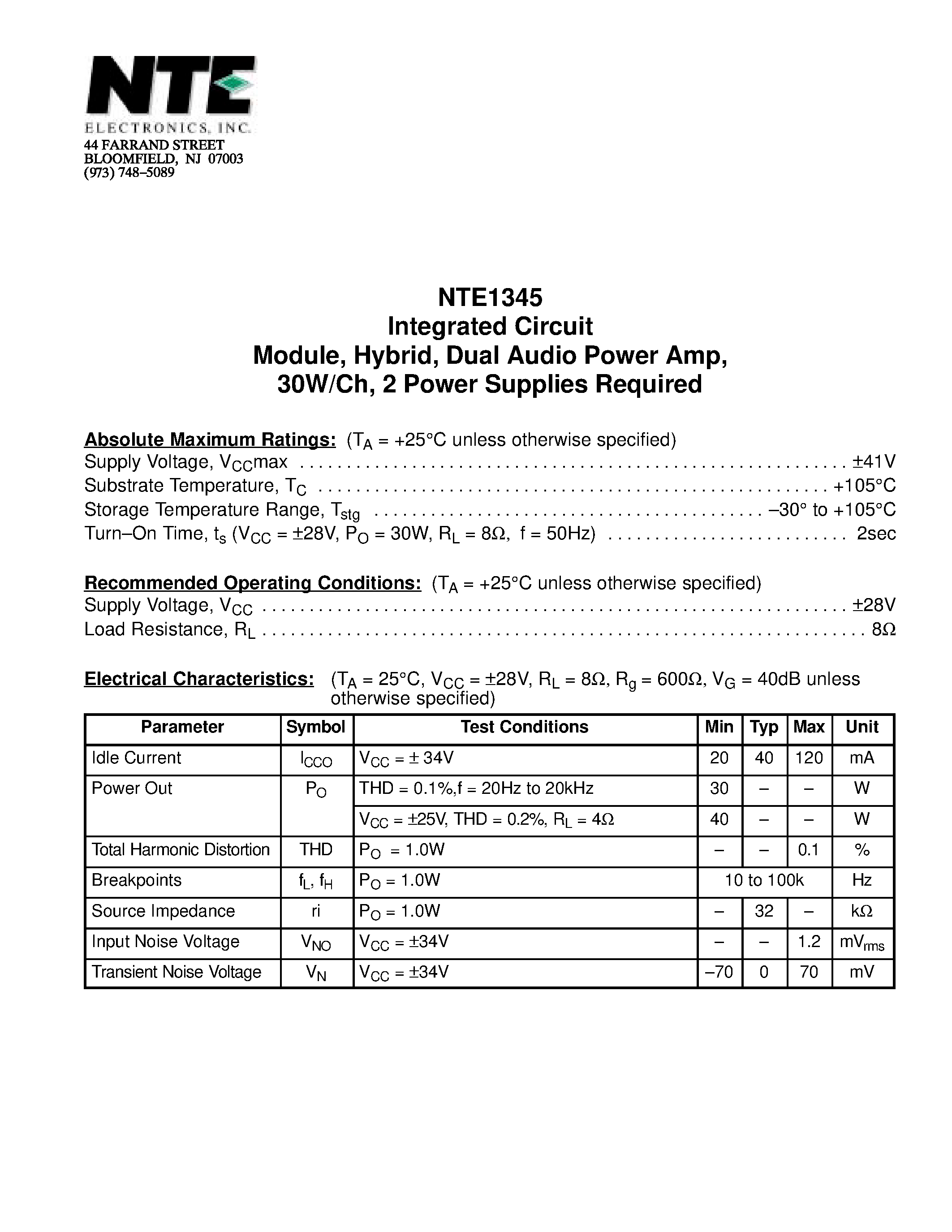 Datasheet NTE1345 - Integrated Circuit Module / Hybrid / Dual Audio Power Amp / 30W/Ch / 2 Power Supplies Required page 1