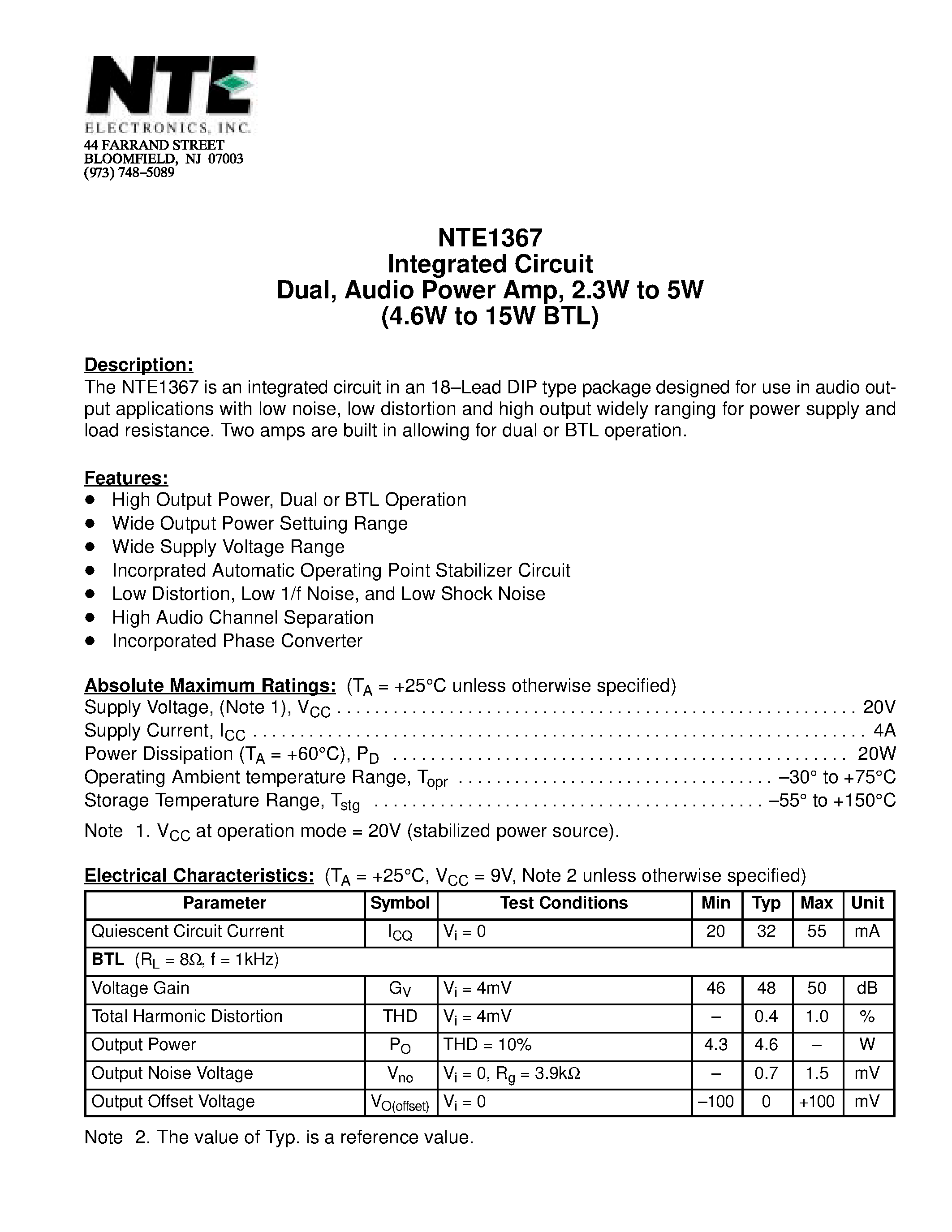 Datasheet NTE1367 - Integrated Circuit Dual / Audio Power Amp / 2.3W to 5W (4.6W to 15W BTL) page 1