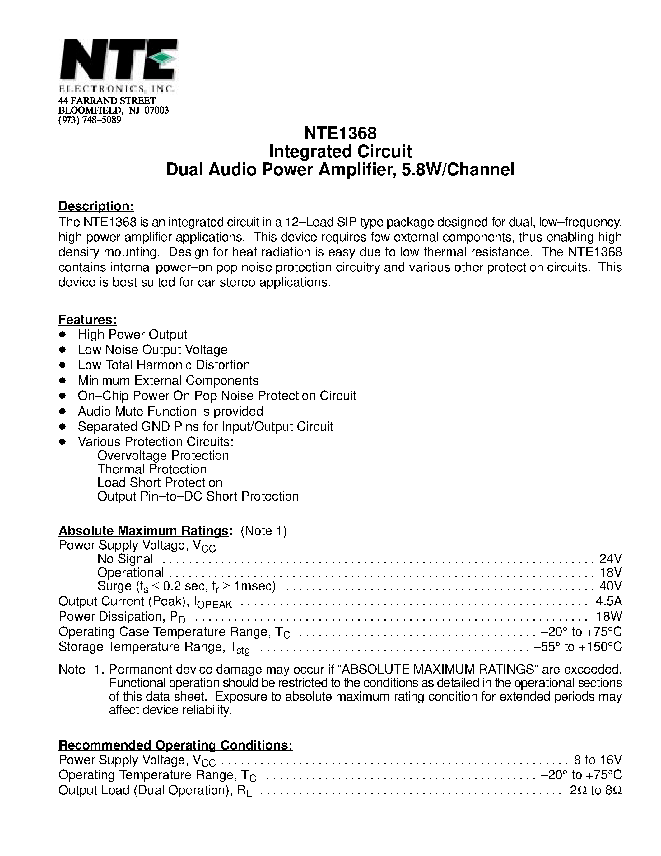 Datasheet NTE1368 - Integrated Circuit Dual Audio Power Amplifier / 5.8W/Channel page 1
