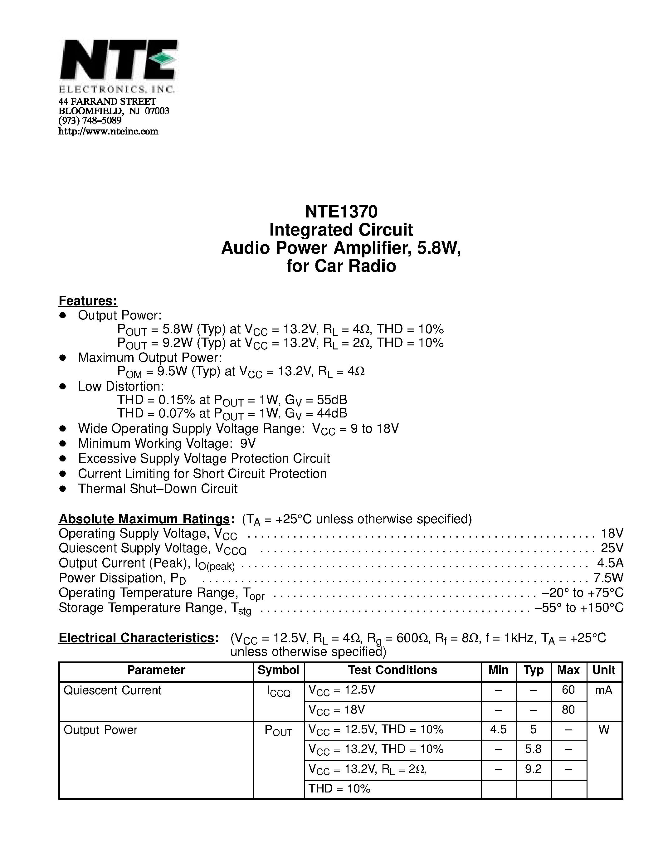 Datasheet NTE1370 - Integrated Circuit Audio Power Amplifier / 5.8W / for Car Radio page 1