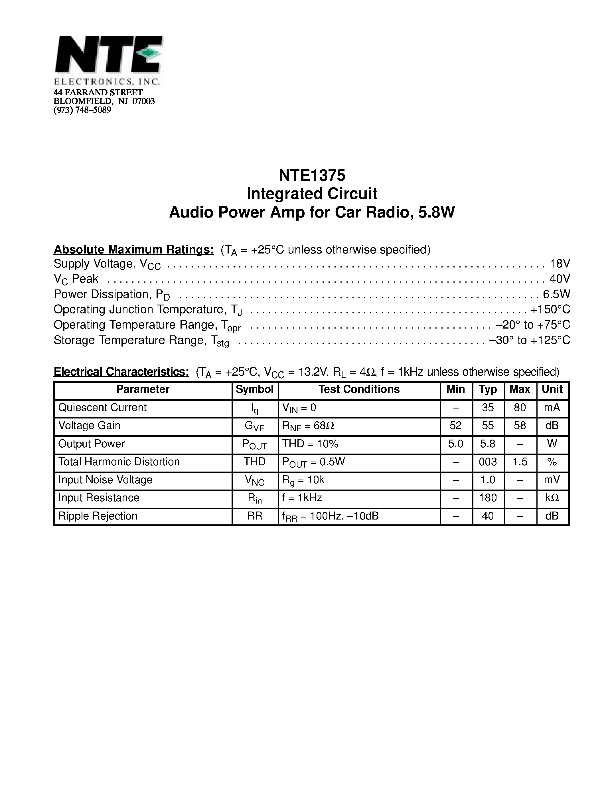 Datasheet NTE1375 - Integrated Circuit Audio Power Amp for Car Radio / 5.8W page 1