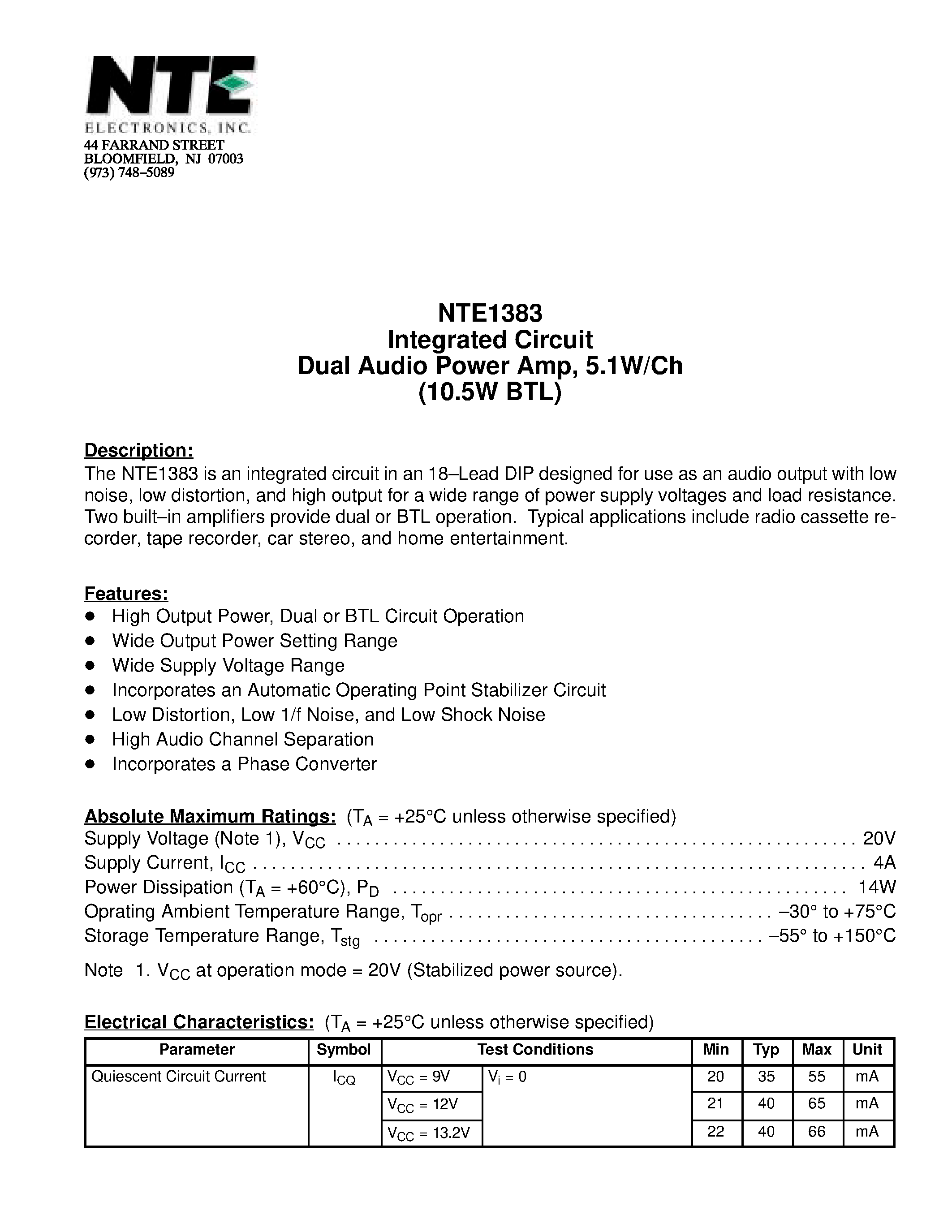 Datasheet NTE1383 - Integrated Circuit Dual Audio Power Amp / 5.1W/Ch (10.5W BTL) page 1