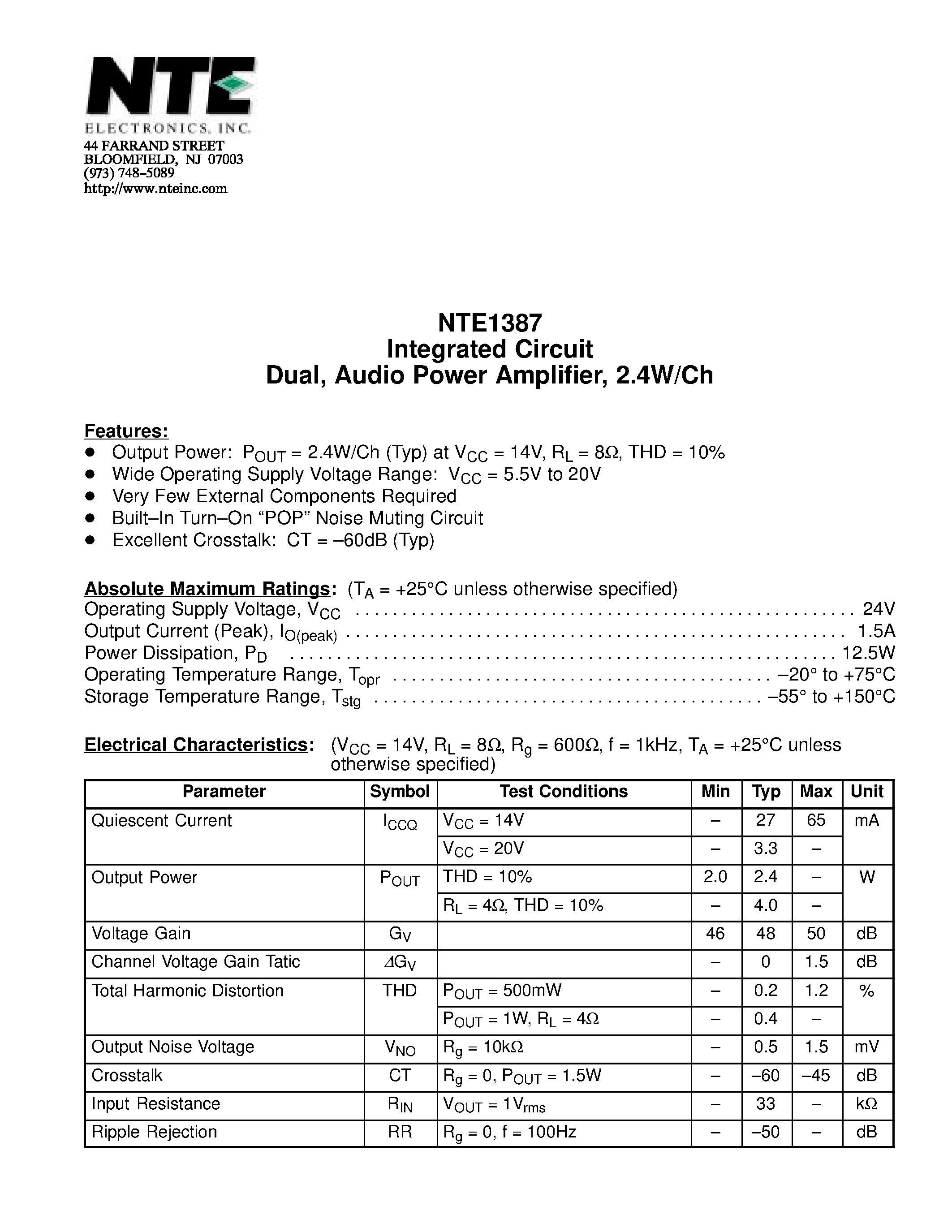 Datasheet NTE1387 - Integrated Circuit Dual / Audio Power Amplifier / 2.4W/Ch page 1