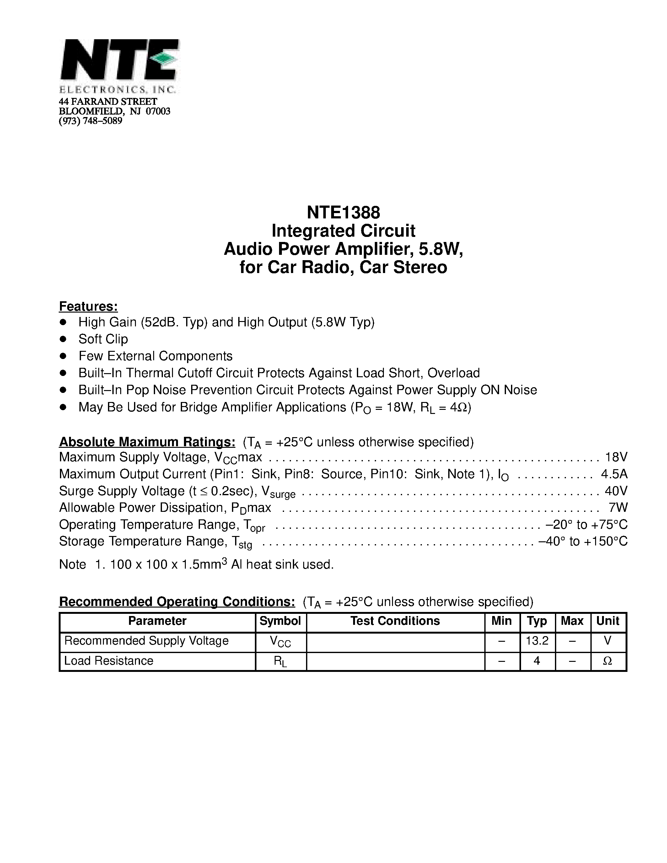 Даташит NTE1388 - Integrated Circuit Audio Power Amplifier / 5.8W / for Car Radio / Car Stereo страница 1