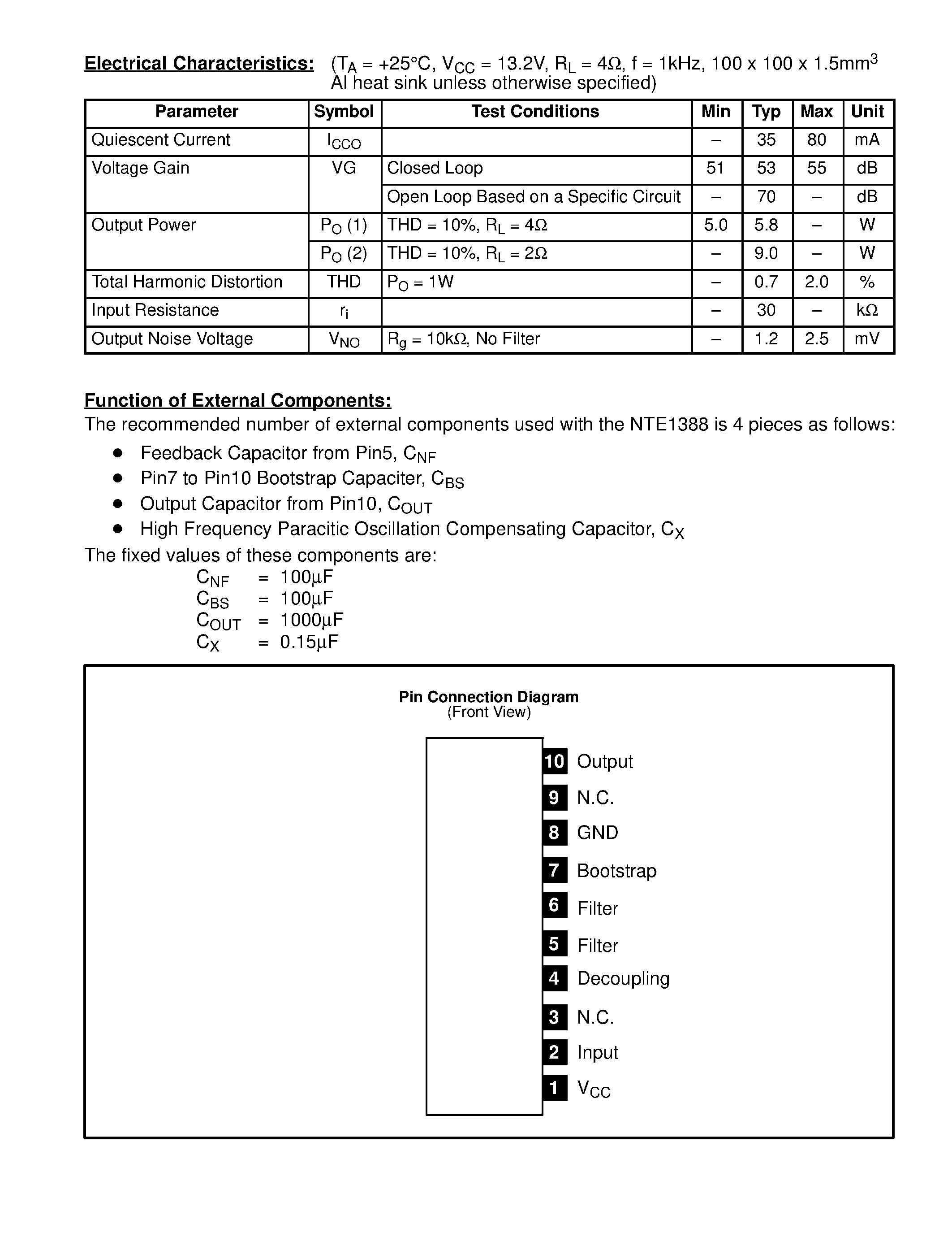 Даташит NTE1388 - Integrated Circuit Audio Power Amplifier / 5.8W / for Car Radio / Car Stereo страница 2