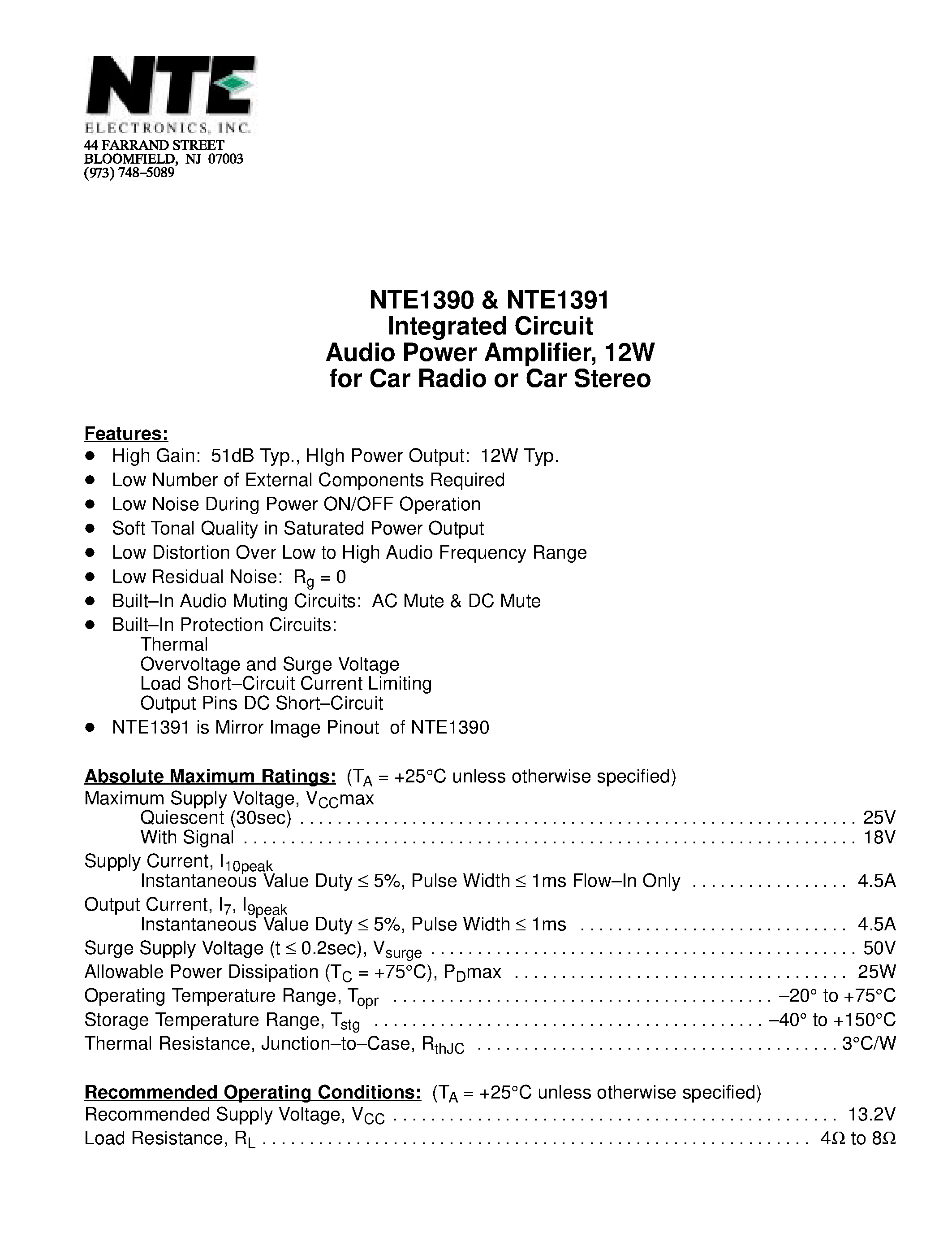 Даташит NTE1390 - Integrated Circuit Audio Power Amplifier / 12W for Car Radio or Car Stereo страница 1