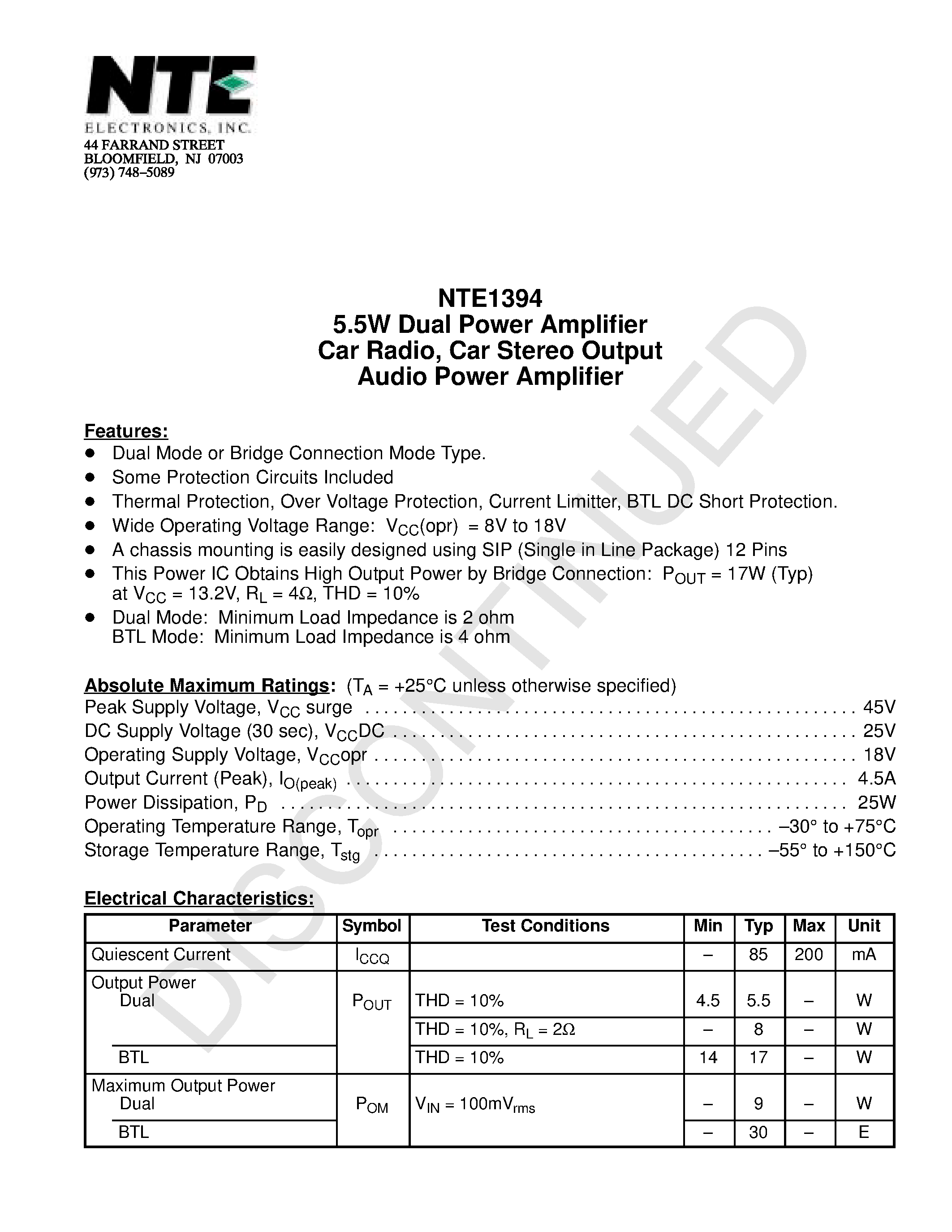 Даташит NTE1394 - 5.5W Dual Power Amplifier Car Radio / Car Stereo Output Audio Power Amplifier страница 1