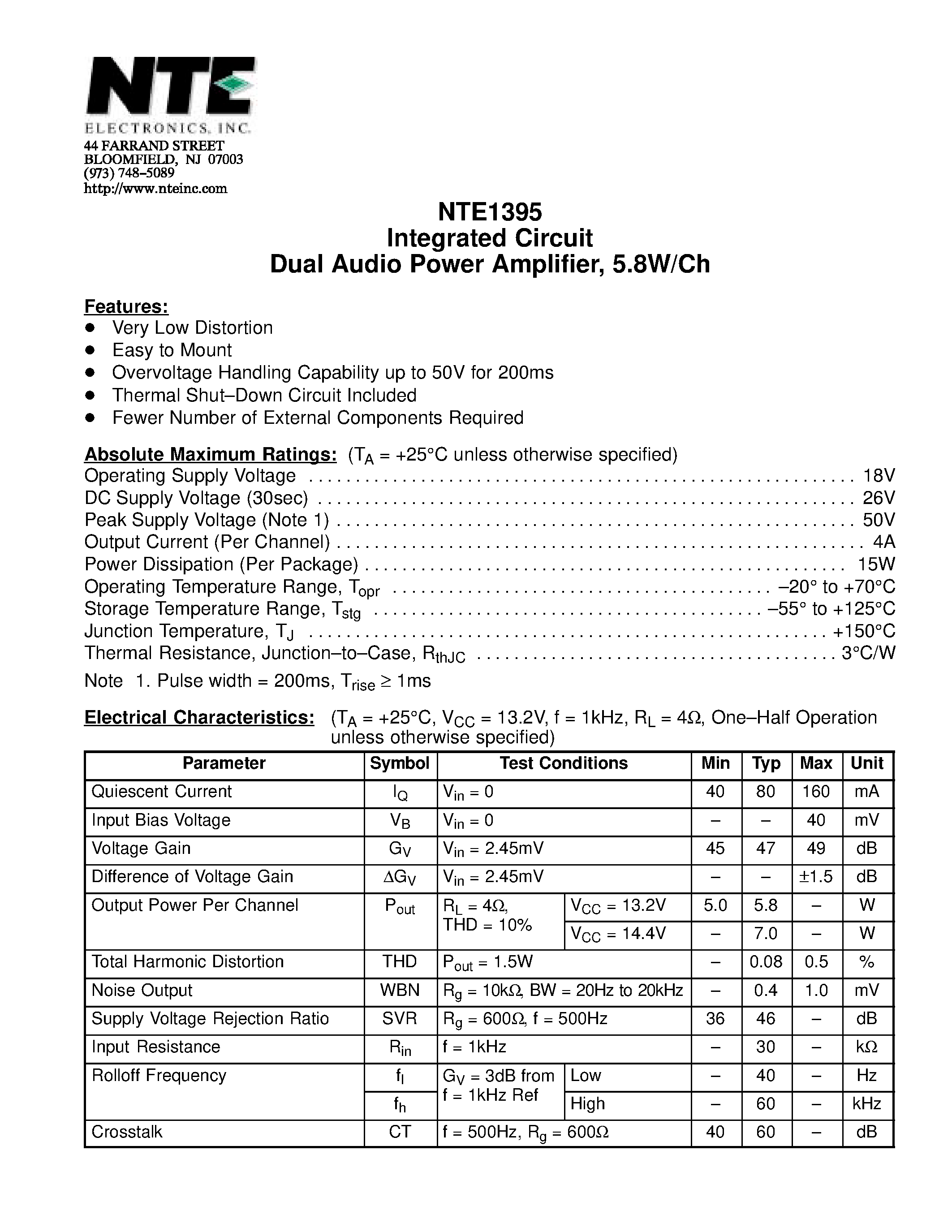 Datasheet NTE1395 - Integrated Circuit Dual Audio Power Amplifier / 5.8W/Ch page 1