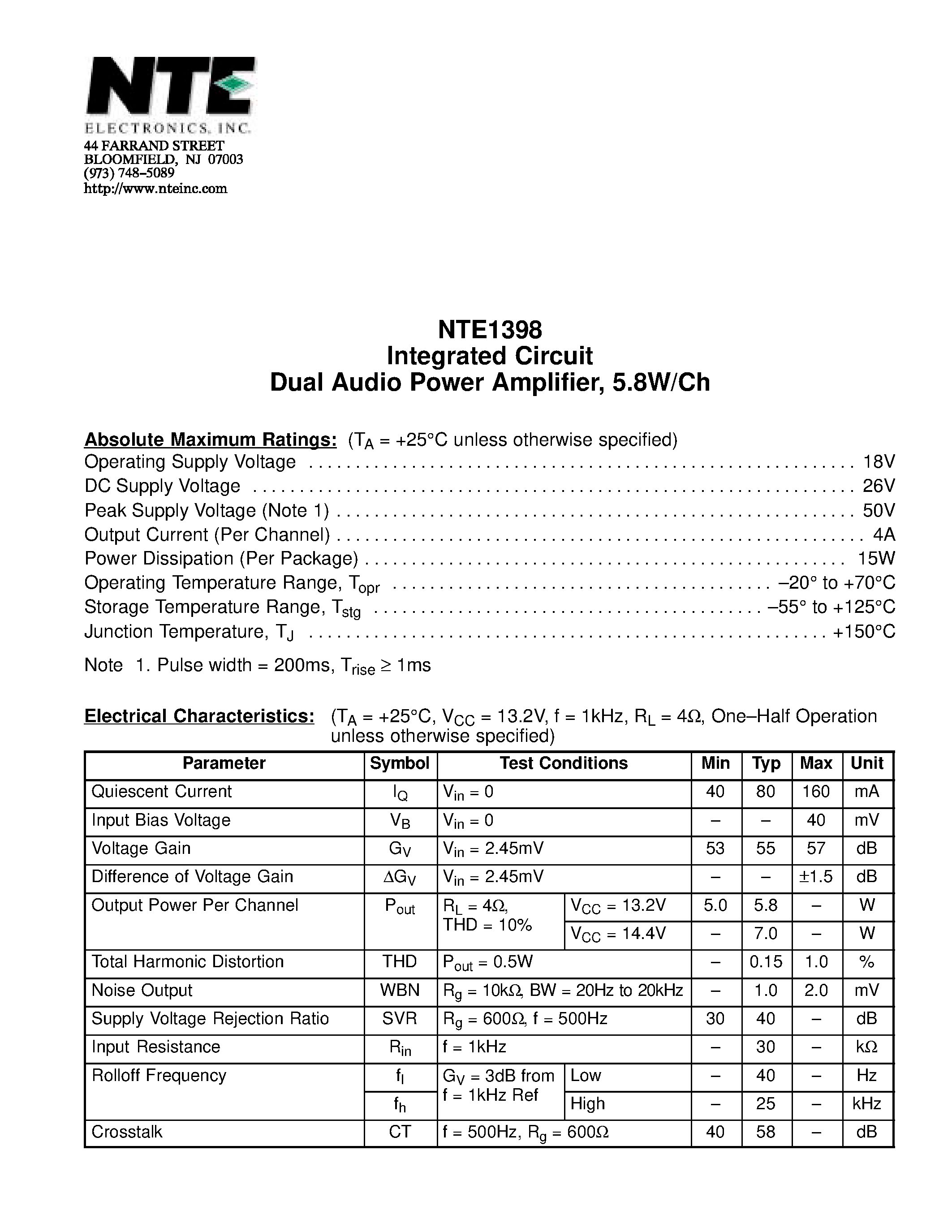 Datasheet NTE1398 - Integrated Circuit Dual Audio Power Amplifier / 5.8W/Ch page 1