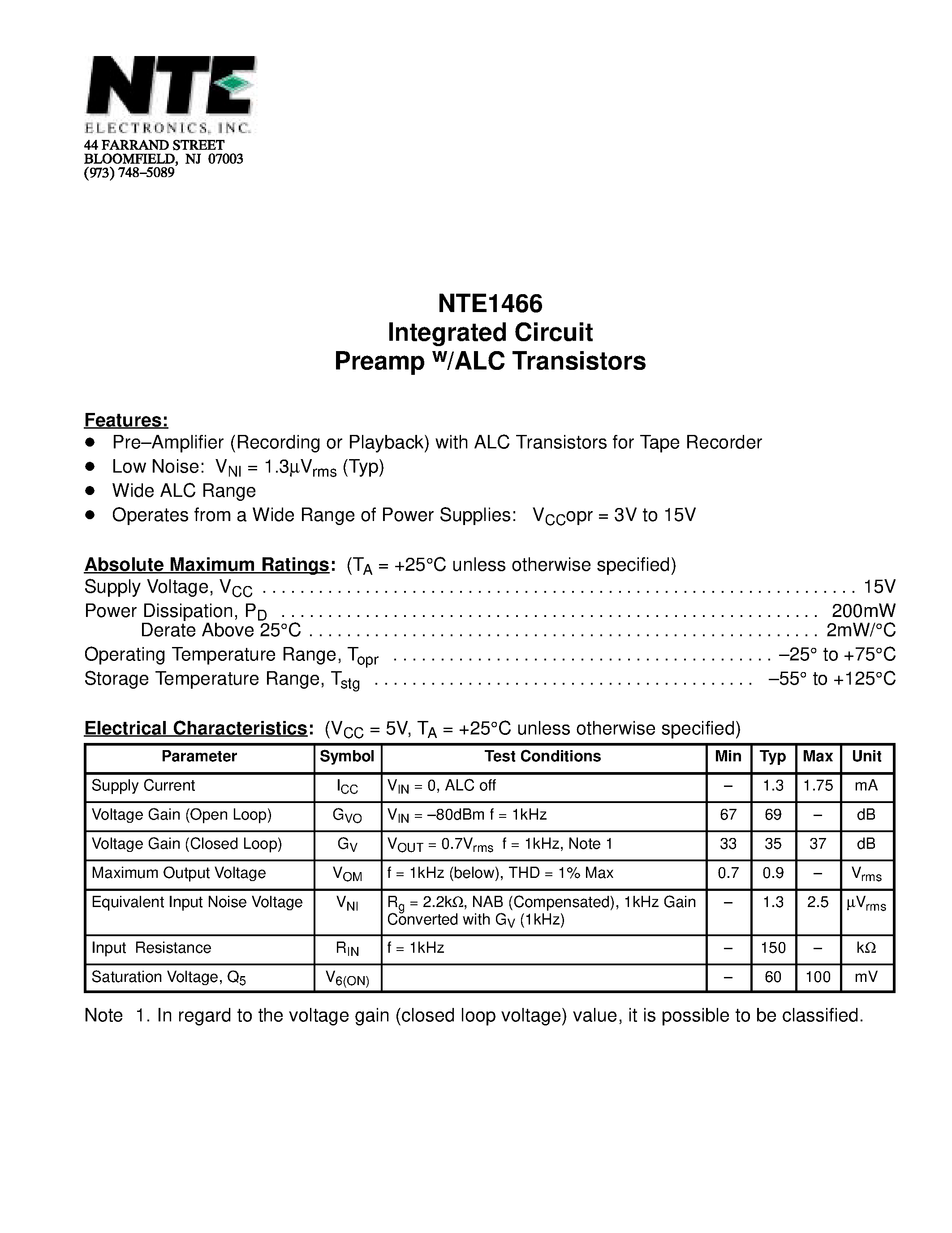 Даташит на микросхему NTE1466 страница 1 Даташит NTE1466 - Integrated Circuit Preamp w/ALC Transistors страница 1