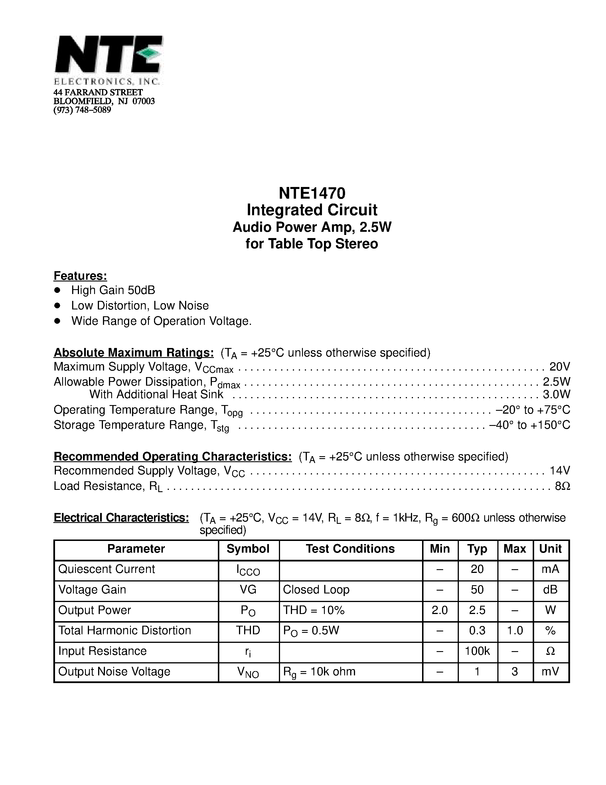 Datasheet NTE1470 - Integrated Circuit Audio Power Amp / 2.5W for Table Top Stereo page 1