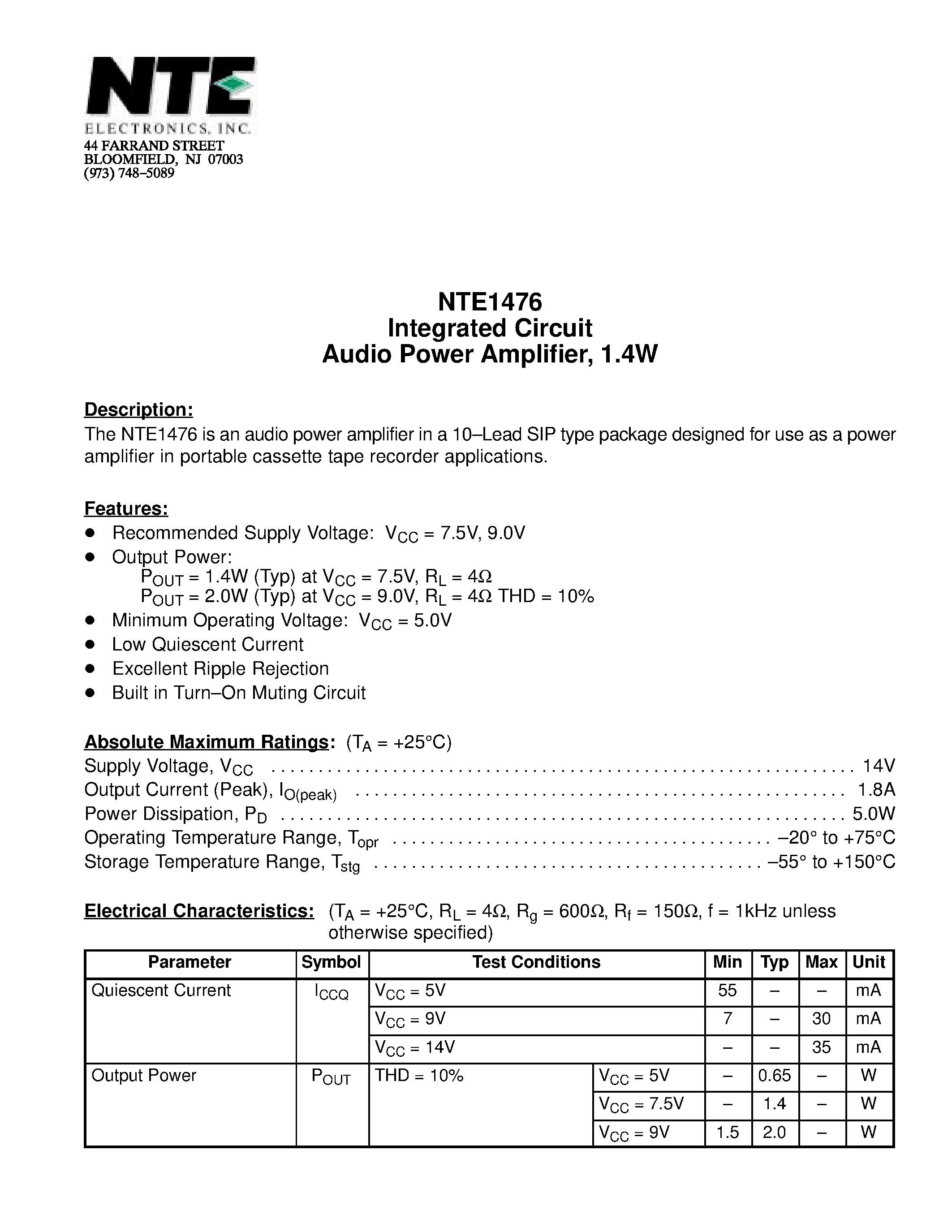 Datasheet NTE1476 - Integrated Circuit Audio Power Amplifier / 1.4W page 1