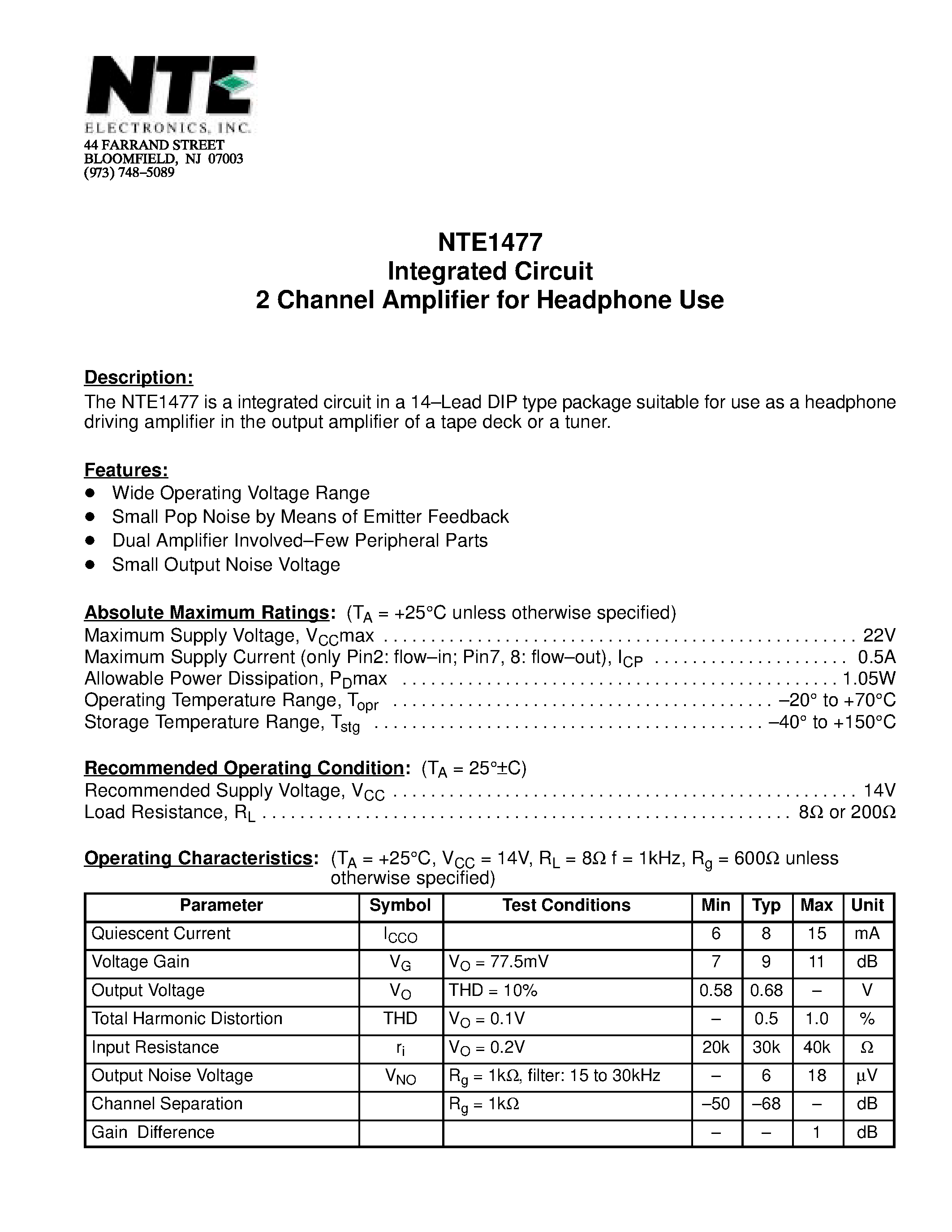 Datasheet NTE1477 - Integrated Circuit 2 Channel Amplifier for Headphone Use page 1