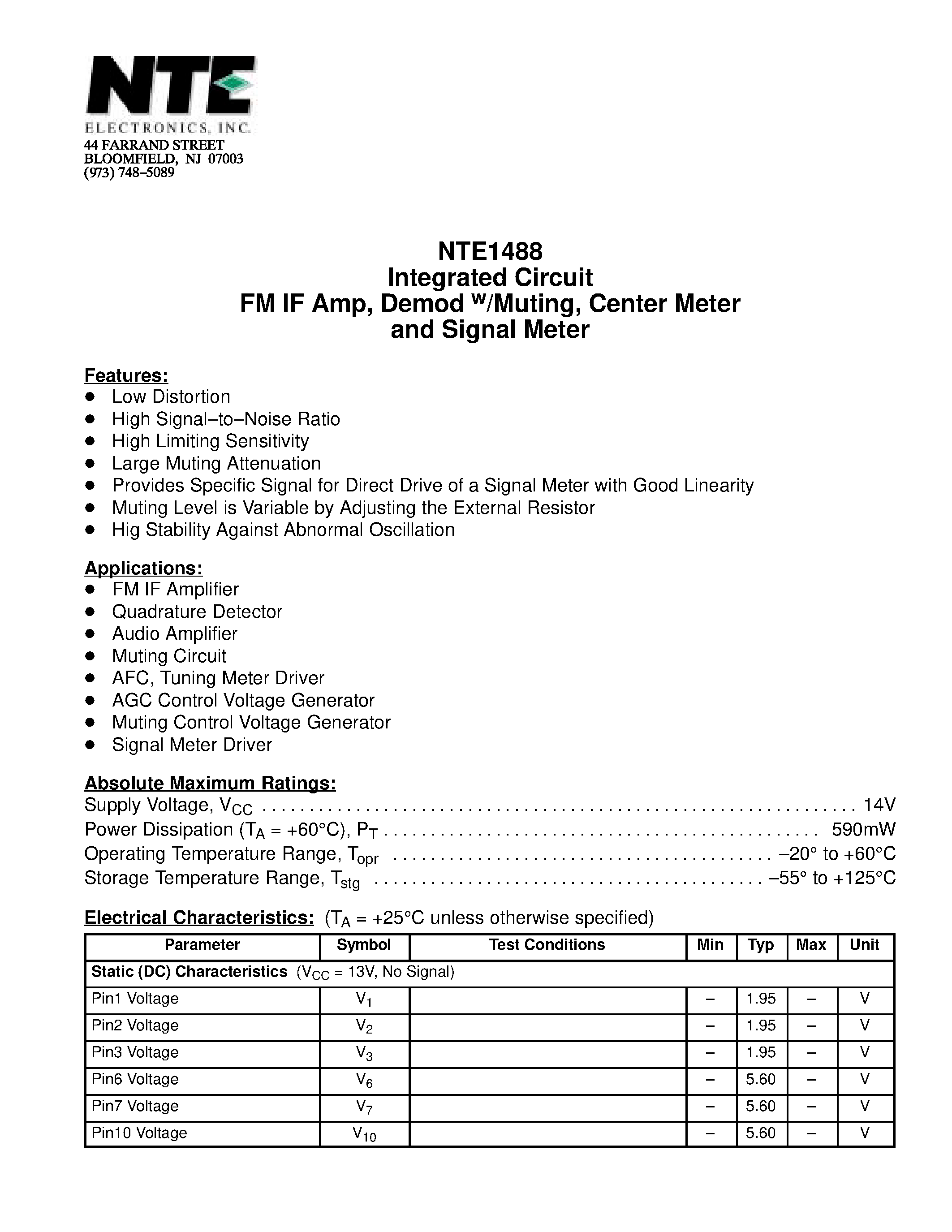 Даташит NTE1488 - Integrated Circuit FM IF Amp / Demod w/Muting / Center Meter and Signal Meter страница 1