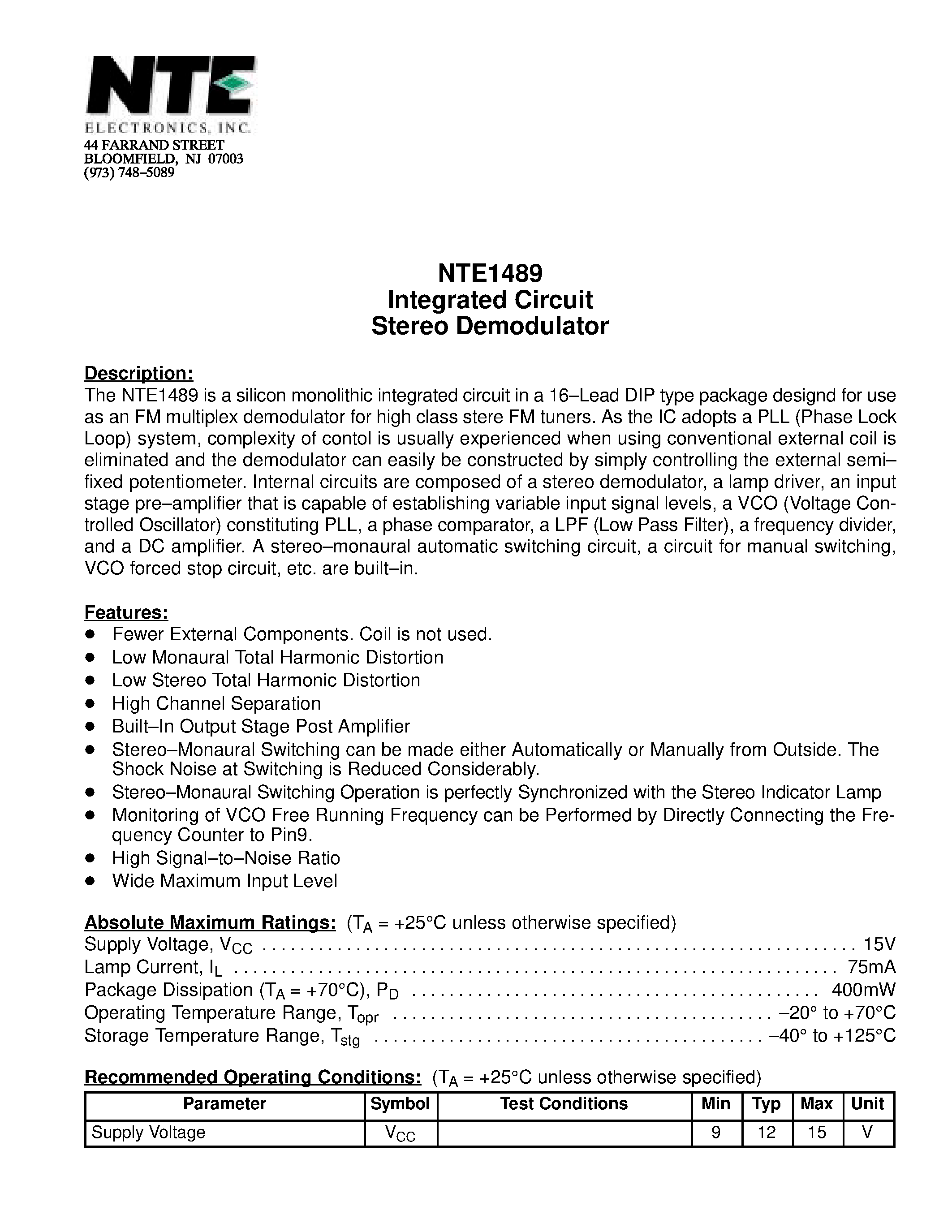 Даташит NTE1489 - Integrated Circuit Stereo Demodulator страница 1