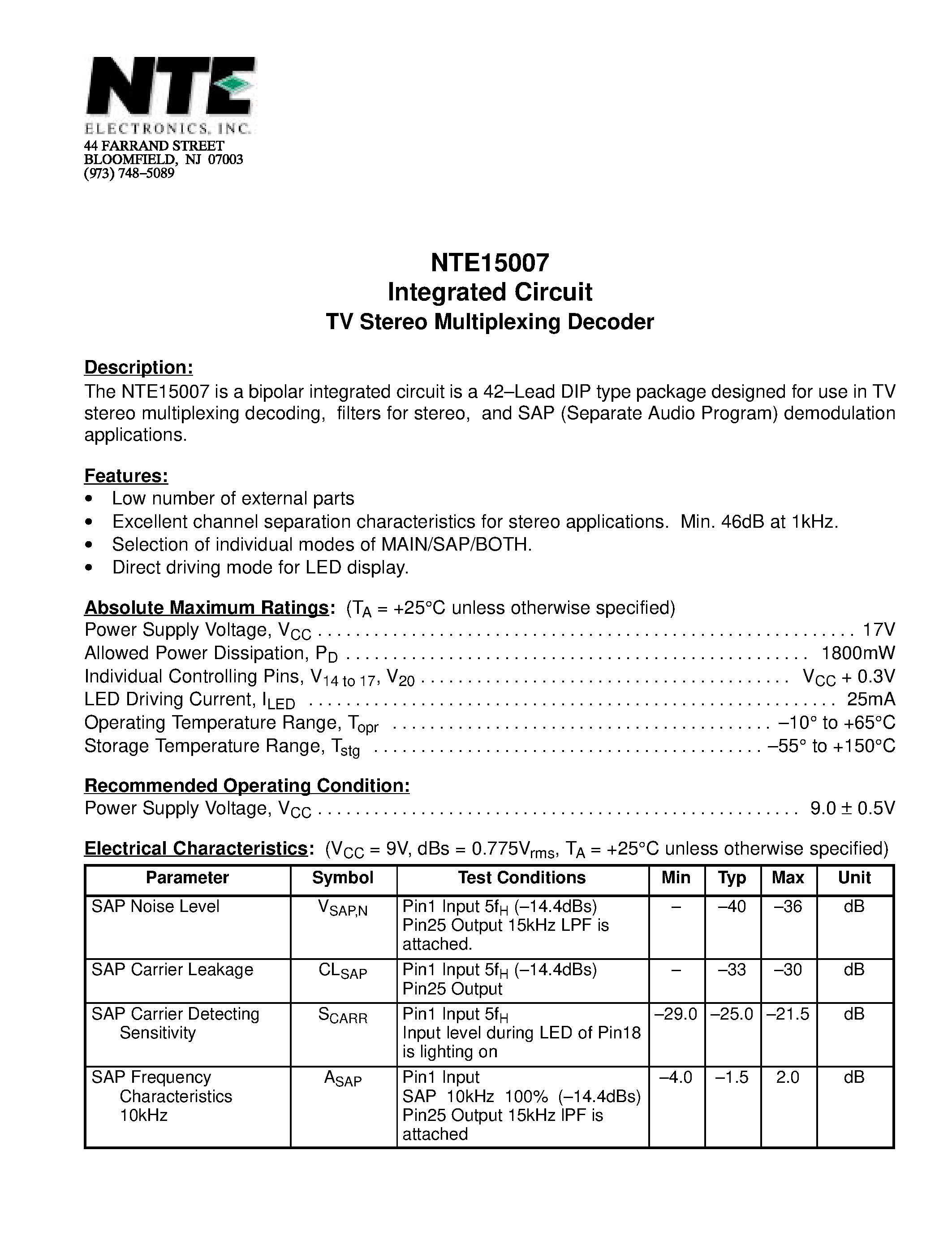 Даташит NTE15007 - Integrated Circuit TV Stereo Multiplexing Decoder страница 1