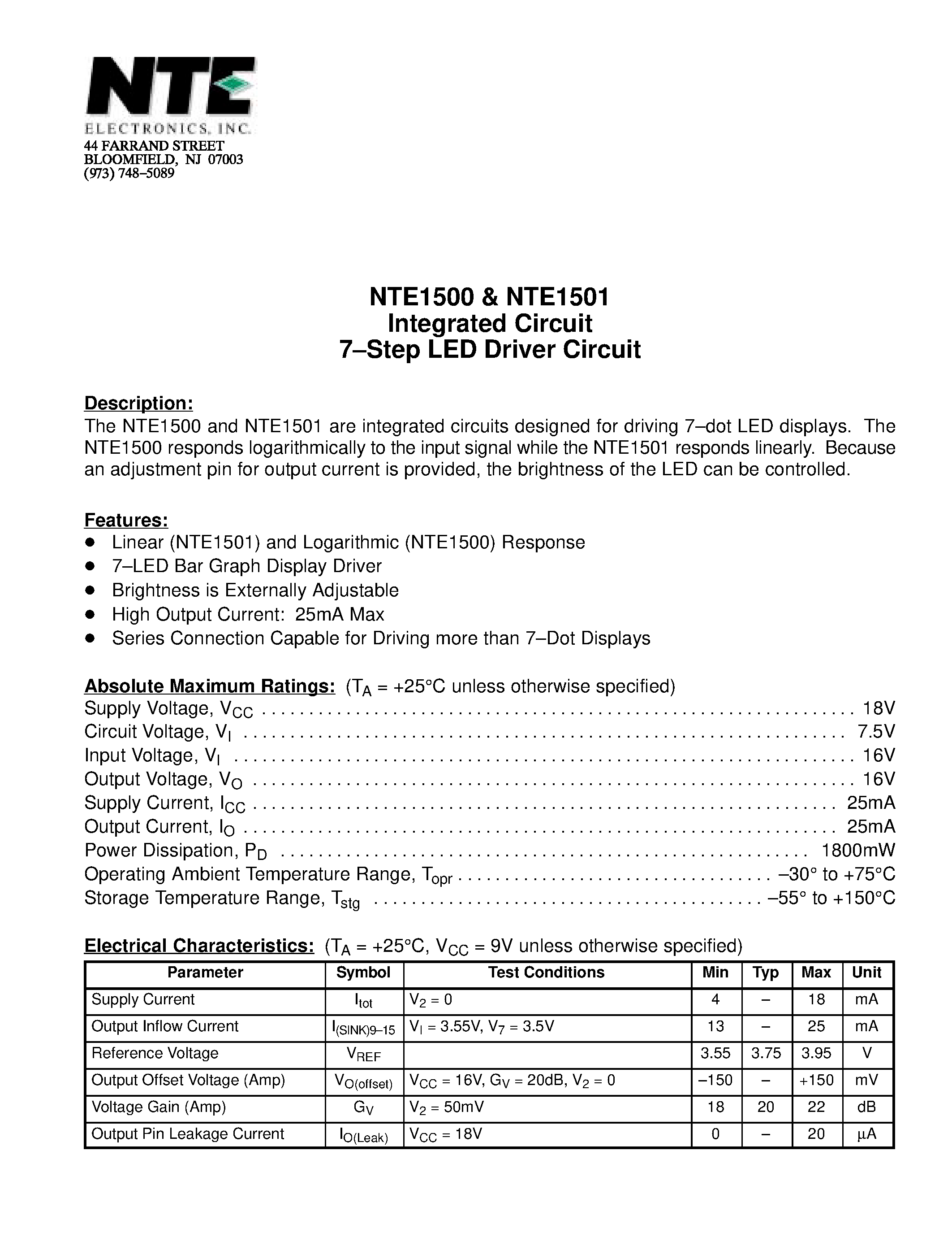Даташит NTE1501 - Integrated Circuit 7-Step LED Driver Circuit страница 1