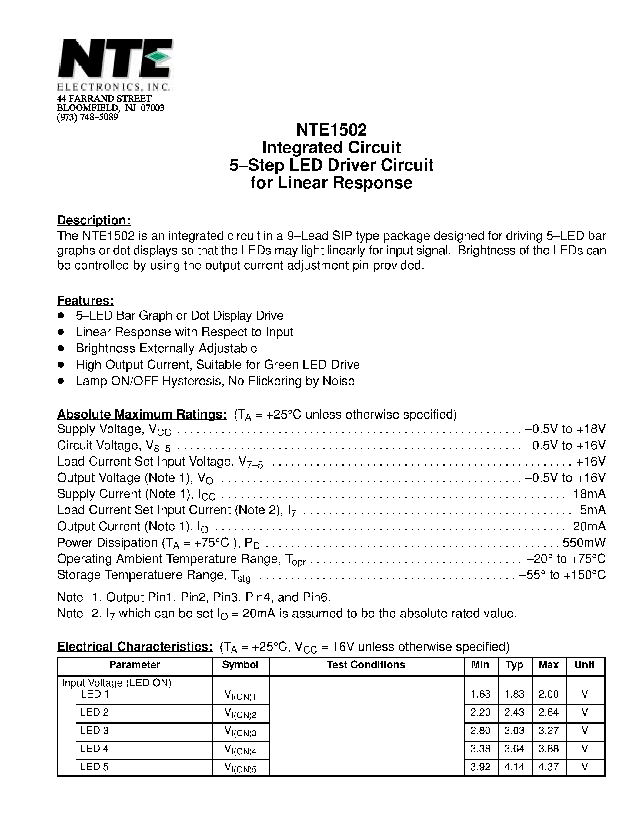 Datasheet NTE1502 - Integrated Circuit 5-Step LED Driver Circuit for Linear Response page 1