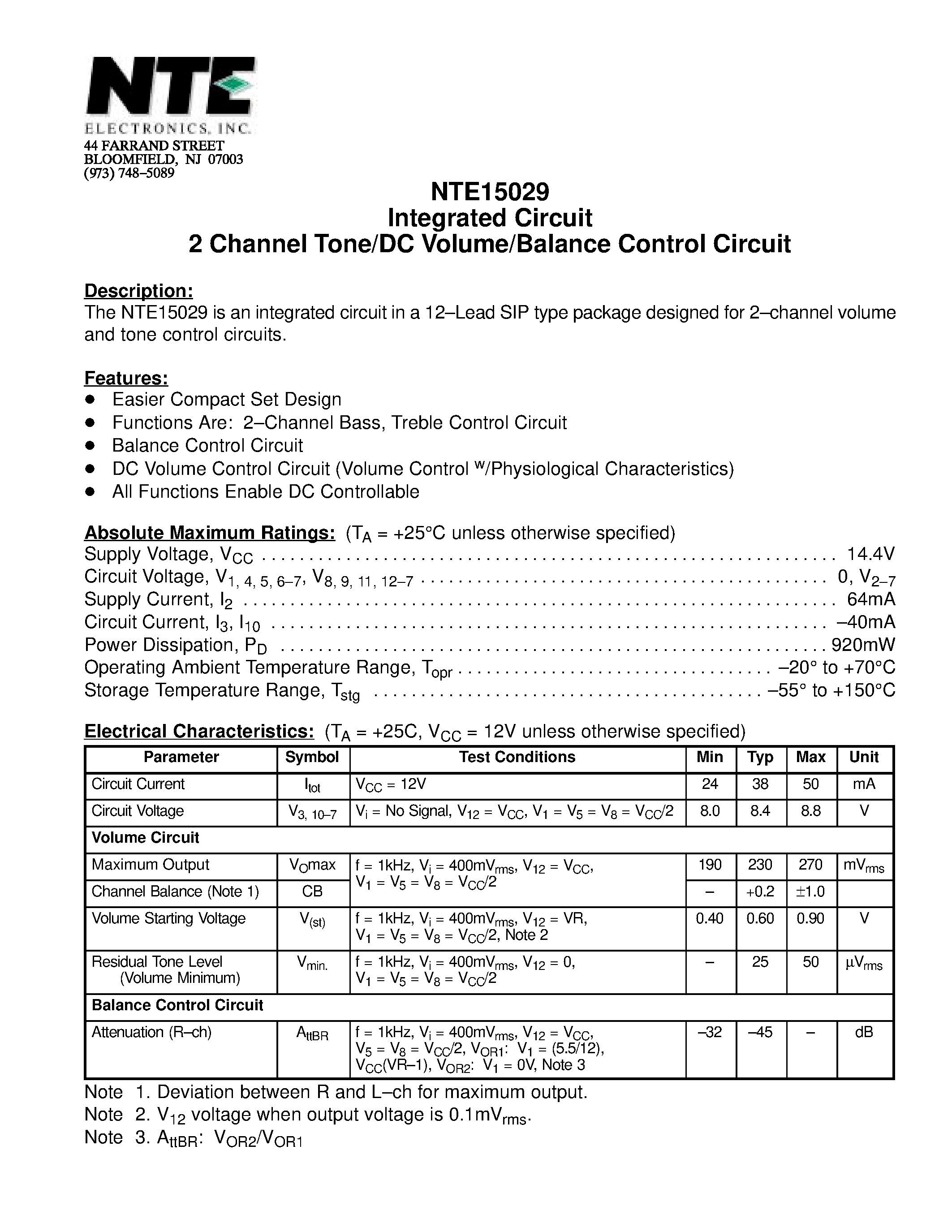 Datasheet NTE15029 - Integrated Circuit 2 Channel Tone/DC Volume/Balance Control Circuit page 1