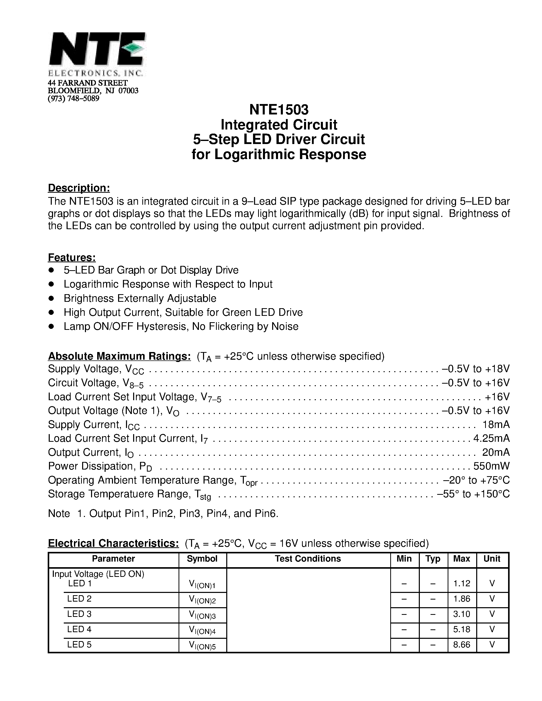 Datasheet NTE1503 - Integrated Circuit 5-Step LED Driver Circuit for Logarithmic Response page 1