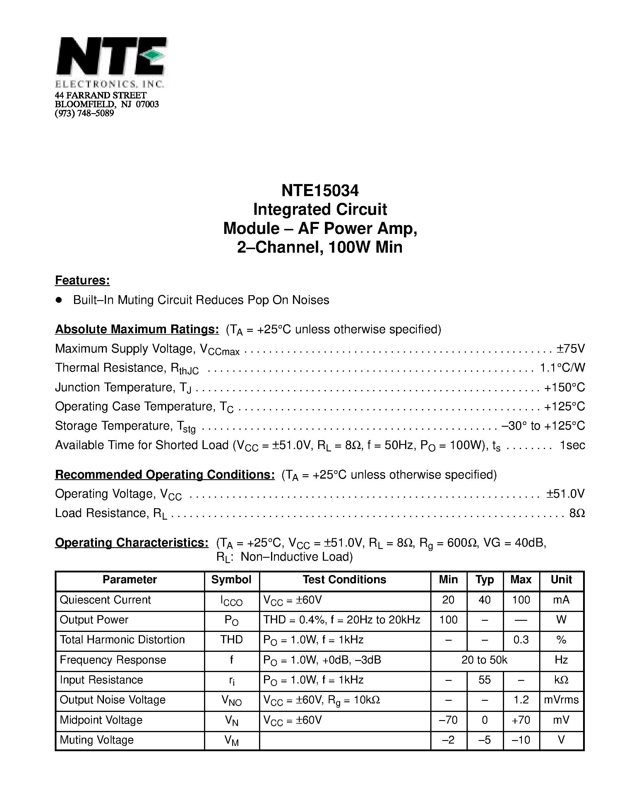 Datasheet NTE15034 - Integrated Circuit Module - AF Power Amp / 2-Channel / 100W Min page 1