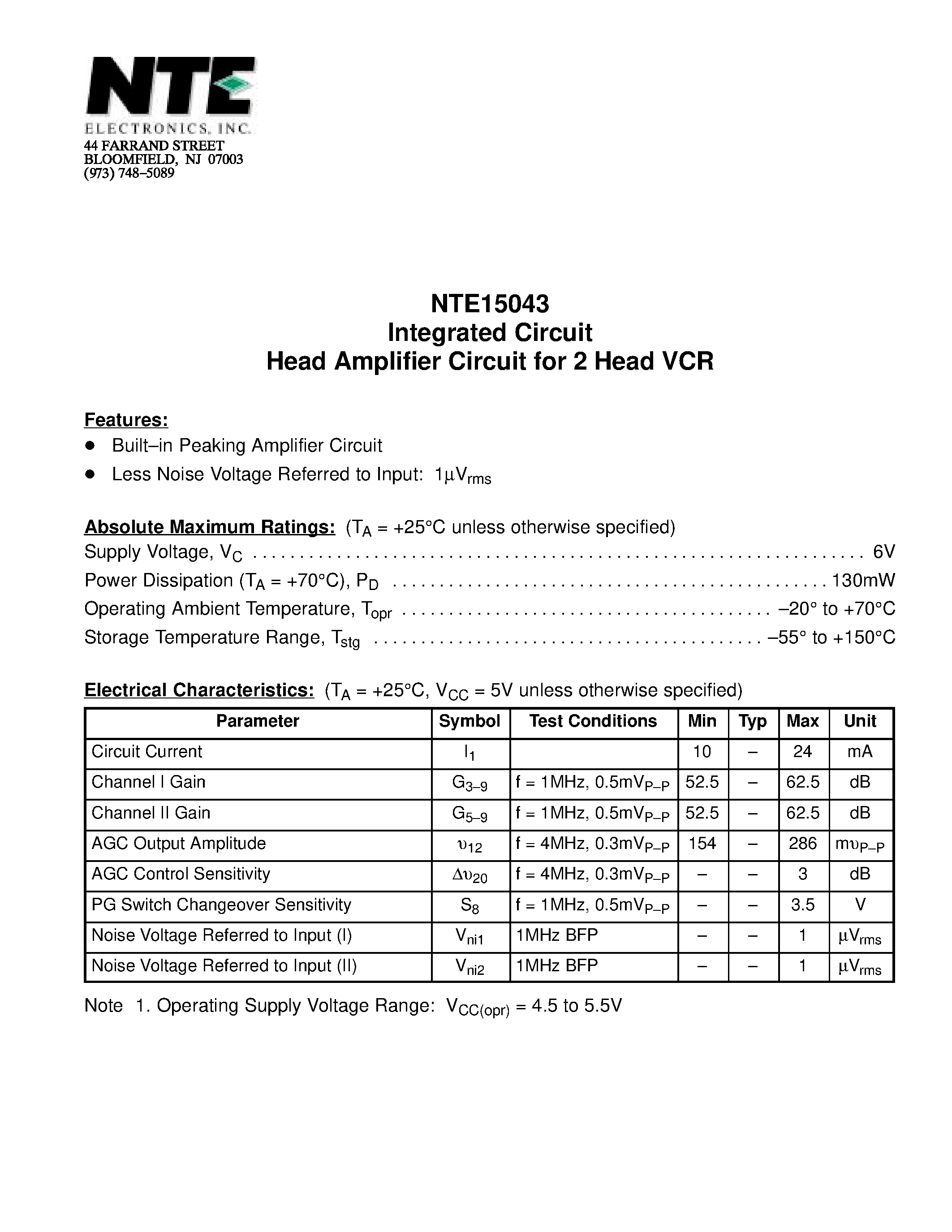 Datasheet NTE15043 - Integrated Circuit Head Amplifier Circuit for 2 Head VCR page 1