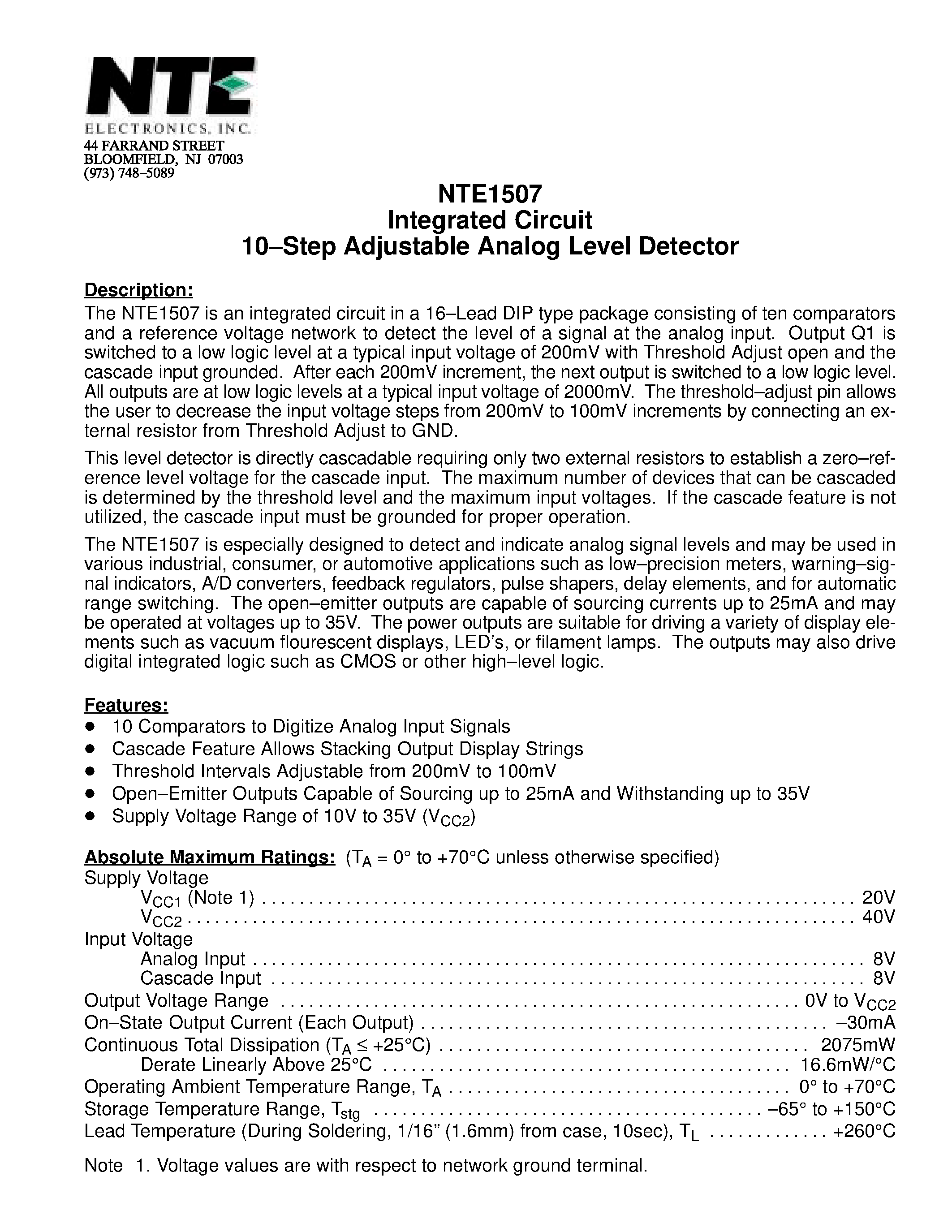 Datasheet NTE1507 - Integrated Circuit 10-Step Adjustable Analog Level Detector page 1