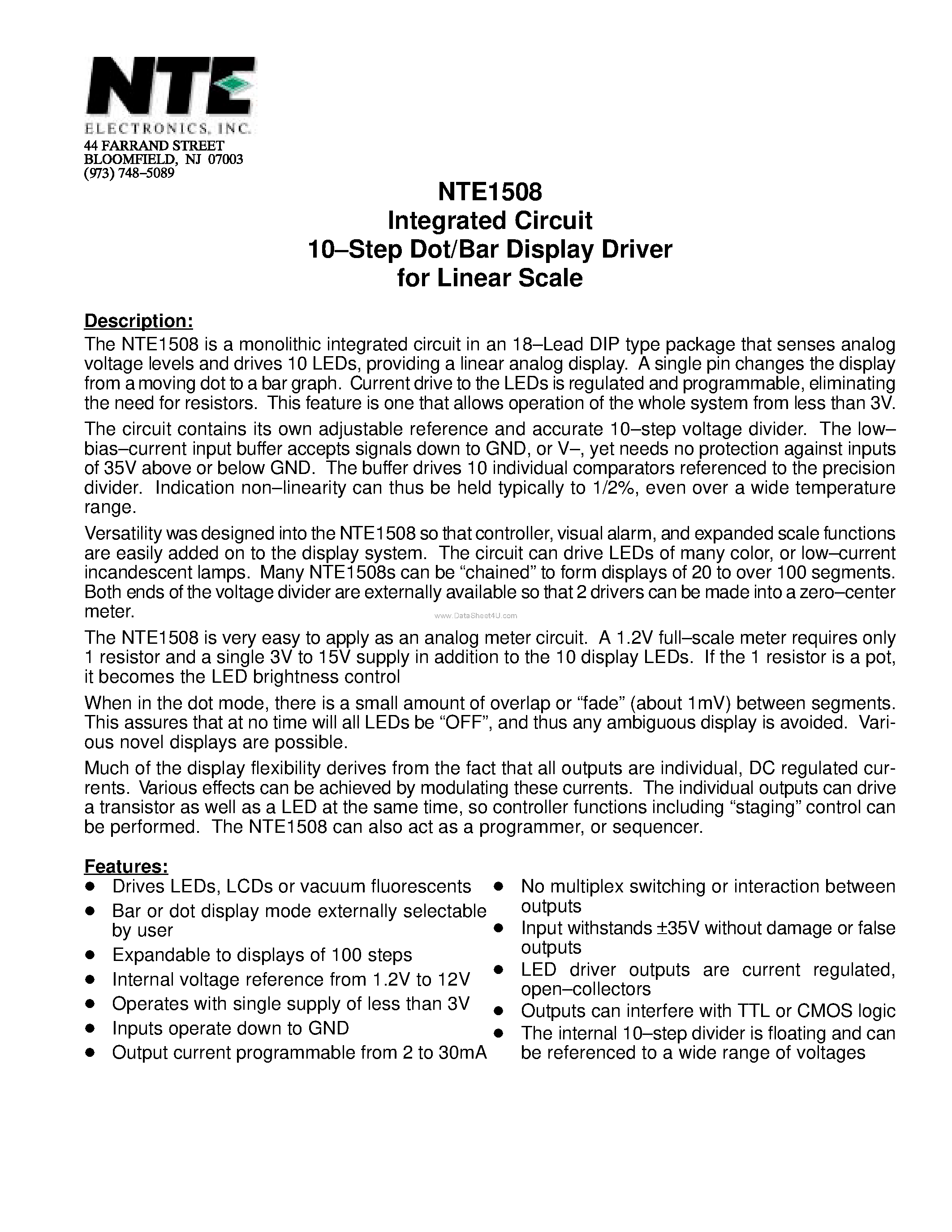 Datasheet NTE1508 page 1 Datasheet NTE1508 - Integrated Circuit 10-Step Dot/Bar Display Driver for Linear Scale page 1