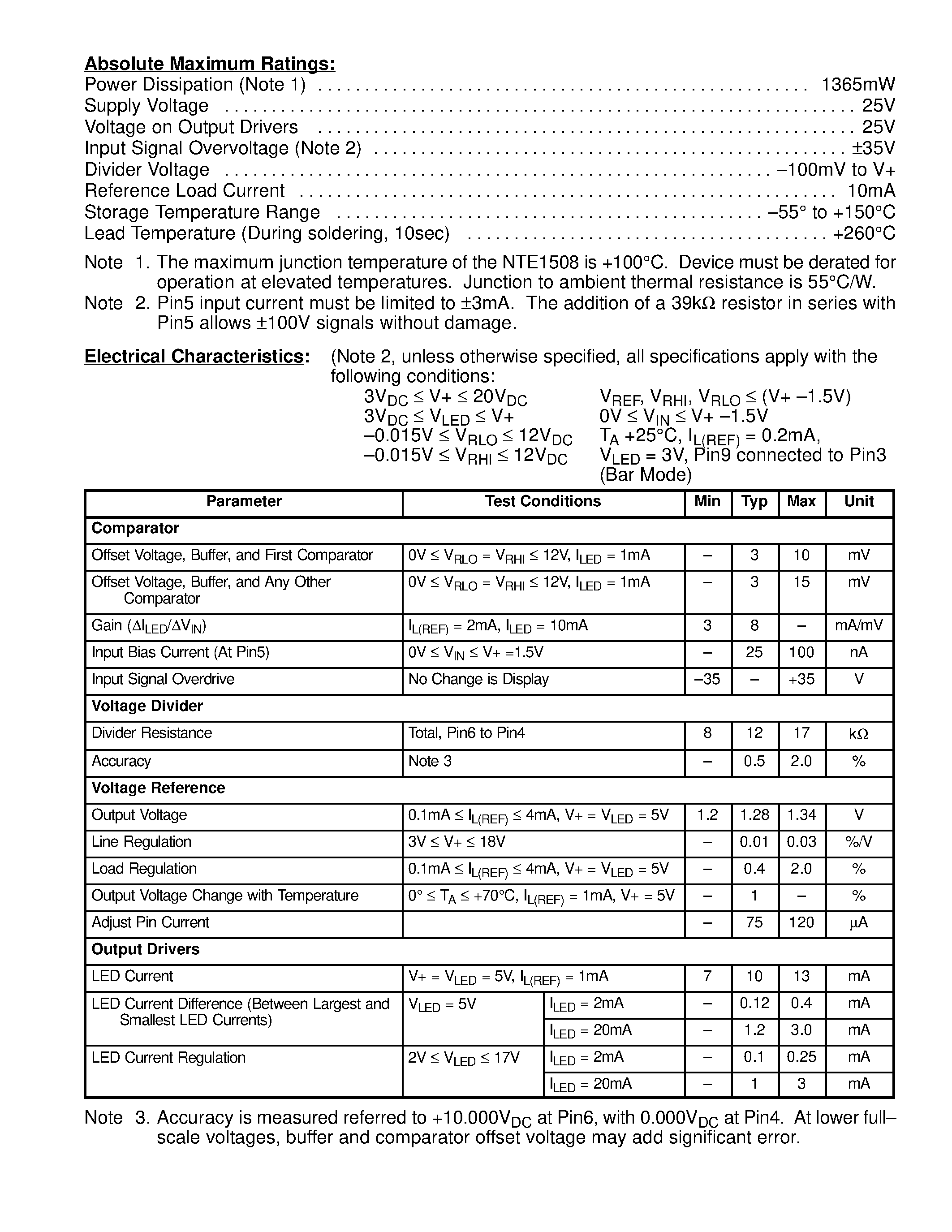 Datasheet NTE1508 page 2 Datasheet NTE1508 - Integrated Circuit 10-Step Dot/Bar Display Driver for Linear Scale page 2