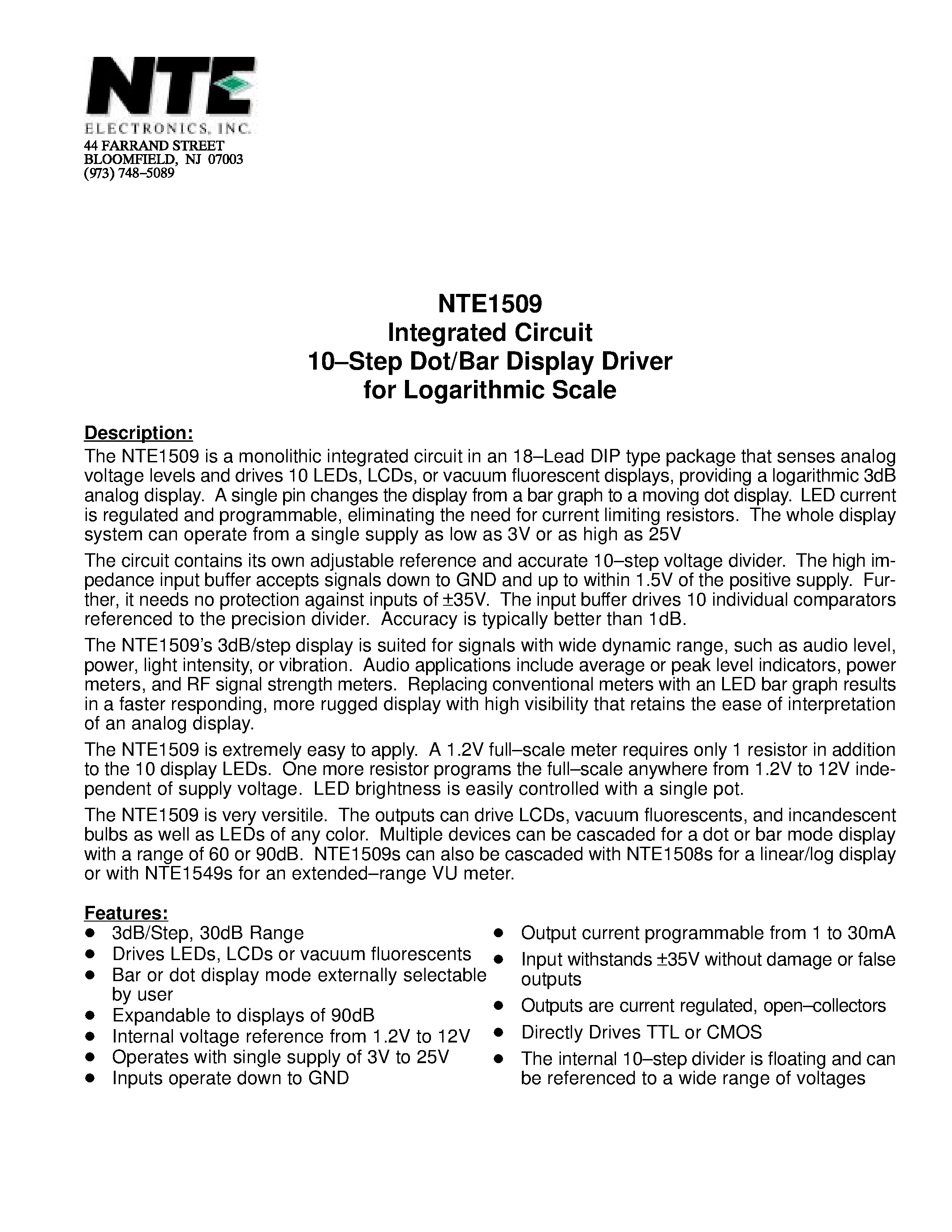 Datasheet NTE1509 - Integrated Circuit 10-Step Dot/Bar Display Driver for Logarithmic Scale page 1