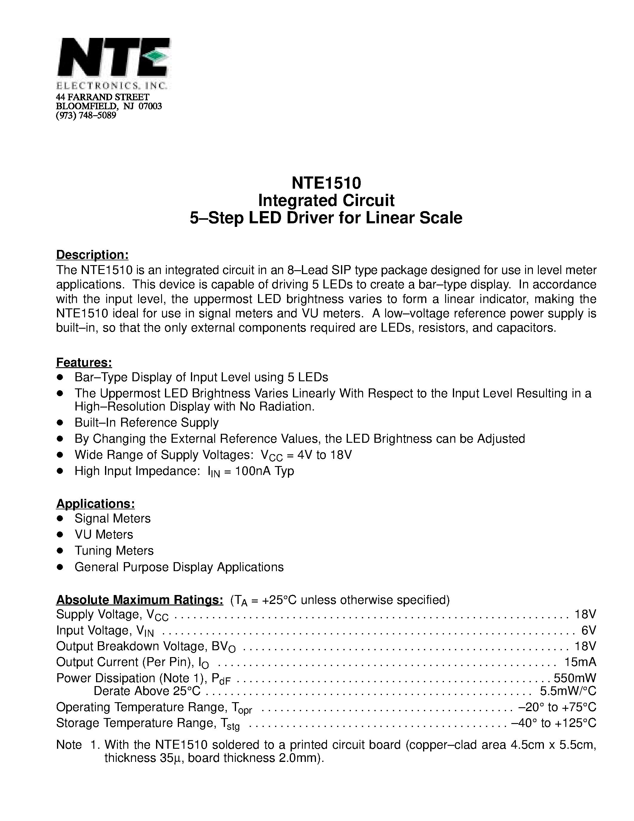 Datasheet NTE1510 page 1 Datasheet NTE1510 - Integrated Circuit 5-Step LED Driver for Linear Scale page 1