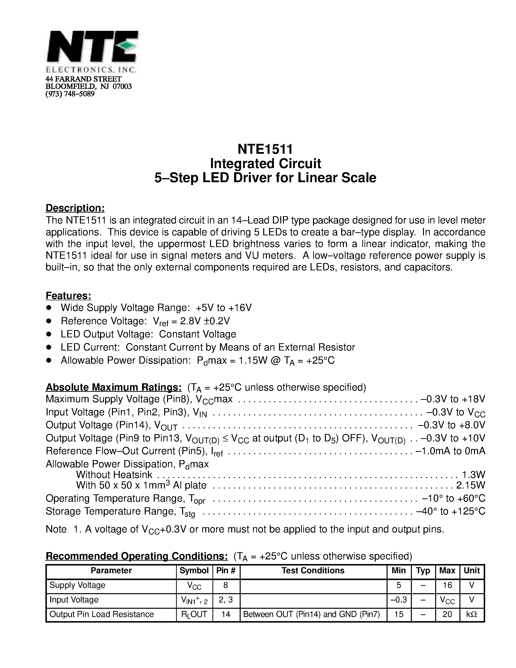 Datasheet NTE1511 page 1 Datasheet NTE1511 - Integrated Circuit 5-Step LED Driver for Linear Scale page 1
