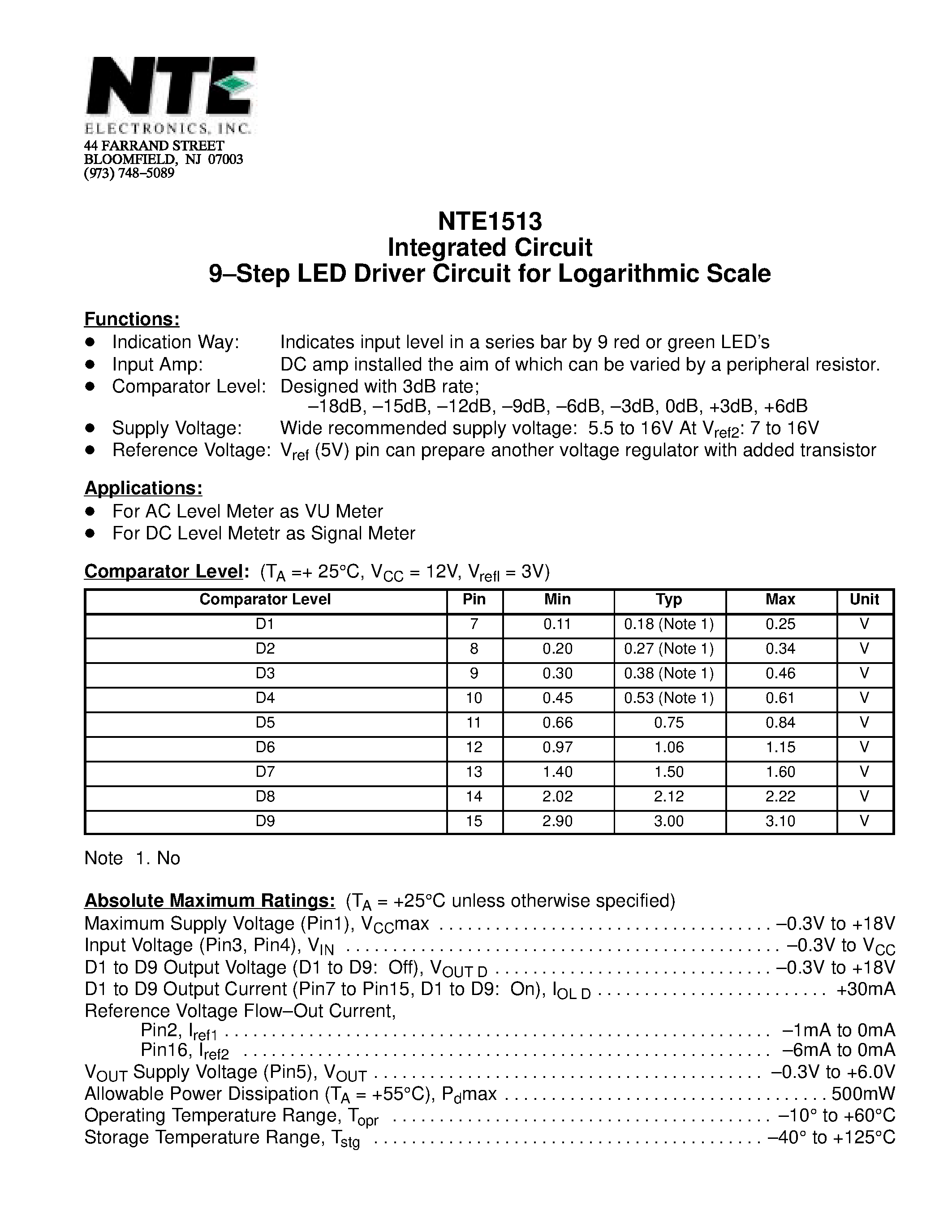 Datasheet NTE1513 - Integrated Circuit 9-Step LED Driver Circuit for Logarithmic Scale page 1