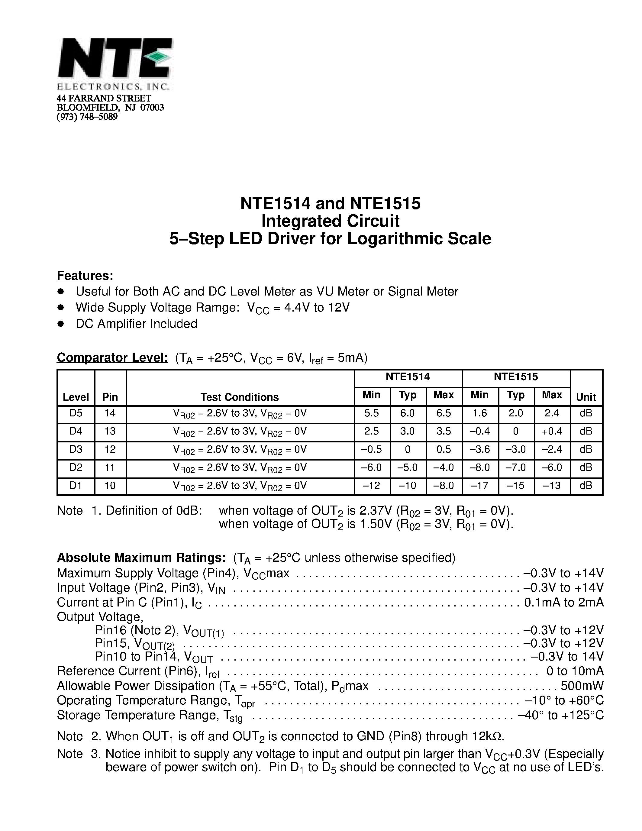 Datasheet NTE1514 page 1 Datasheet NTE1514 - Integrated Circuit 5-Step LED Driver for Logarithmic Scale page 1
