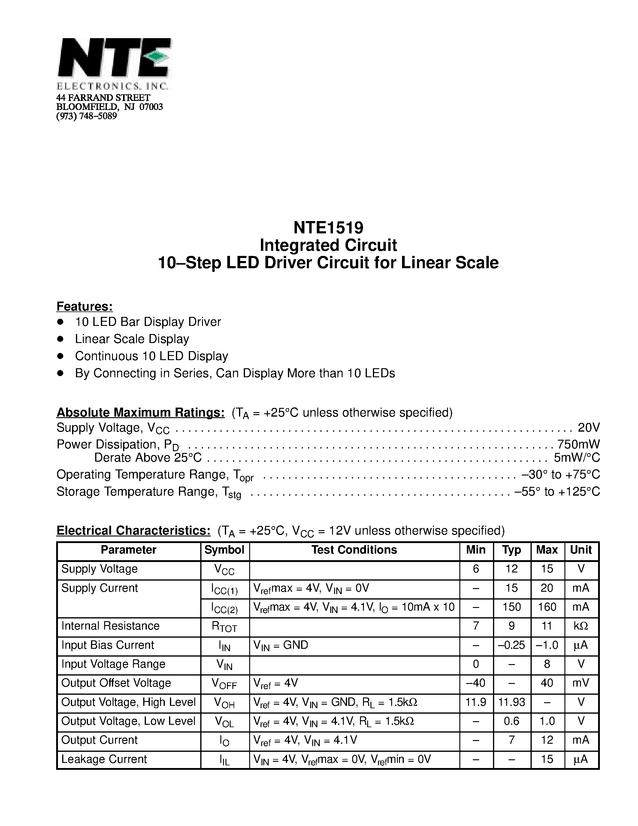 Datasheet NTE1519 page 1 Datasheet NTE1519 - Integrated Circuit 10-Step LED Driver Circuit for Linear Scale page 1