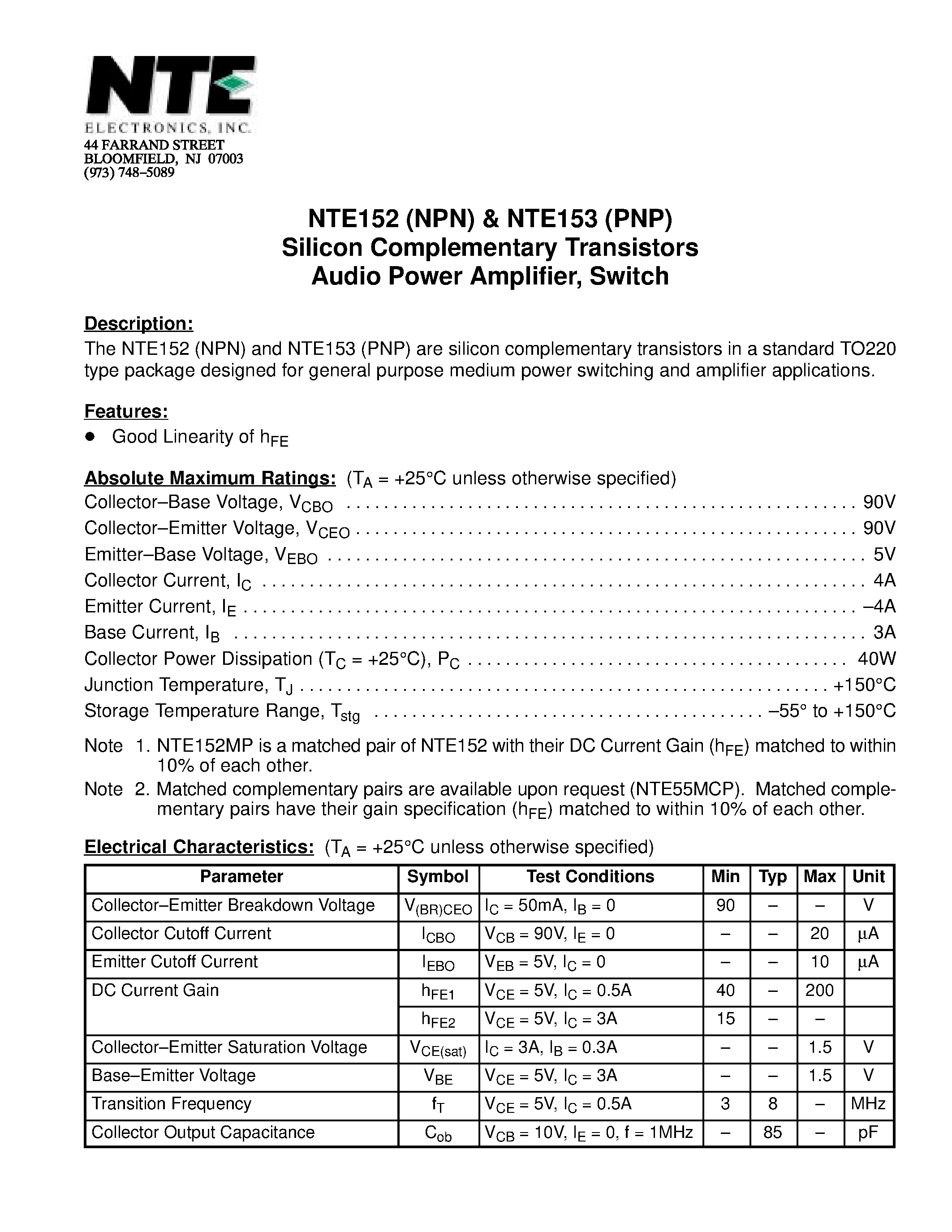 Даташит на микросхему NTE152 страница 1 Даташит NTE152 - Silicon Complementary Transistors Audio Power Amplifier / Switch страница 1