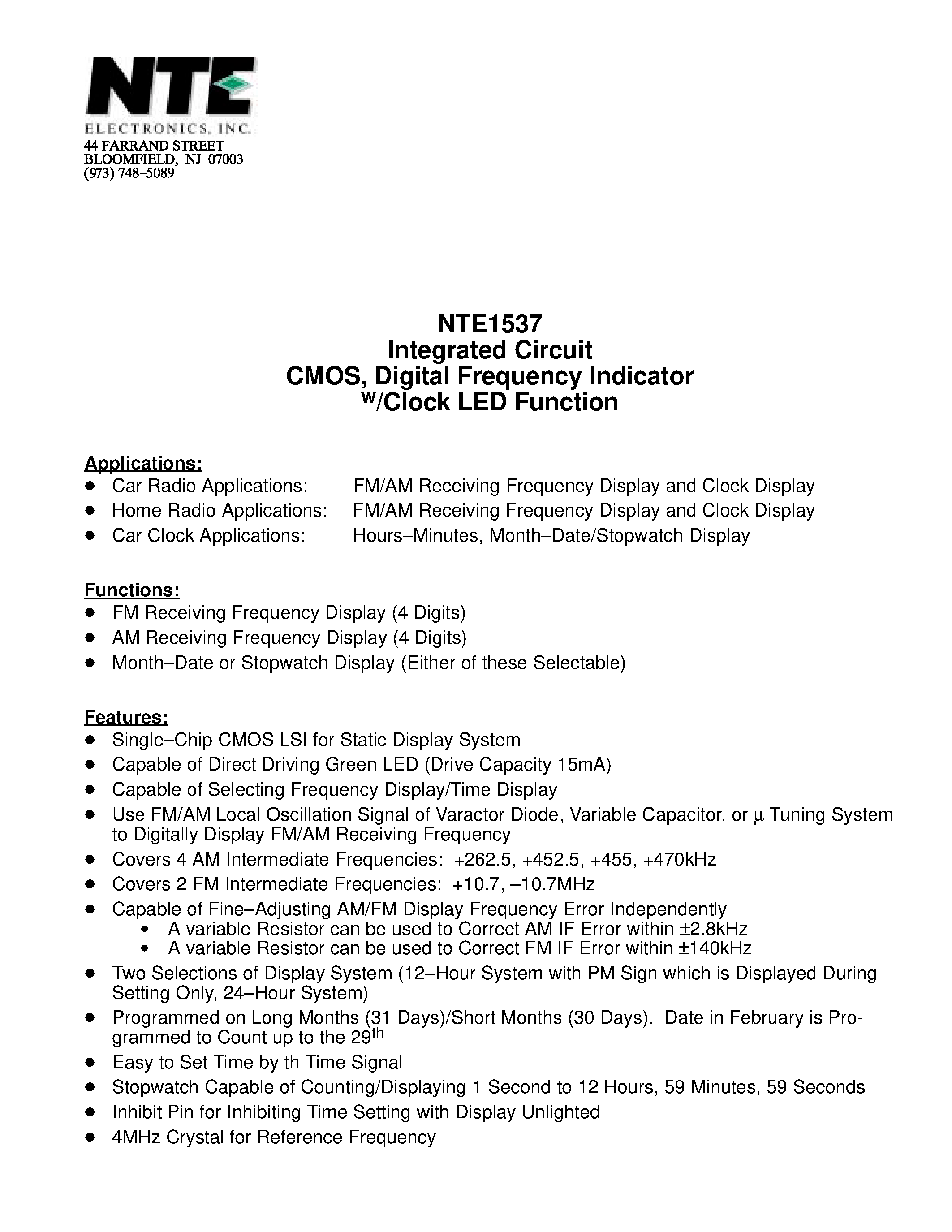 Даташит NTE1537 - Integrated Circuit CMOS / Digital Frequency Indicator w/Clock LED Function страница 1