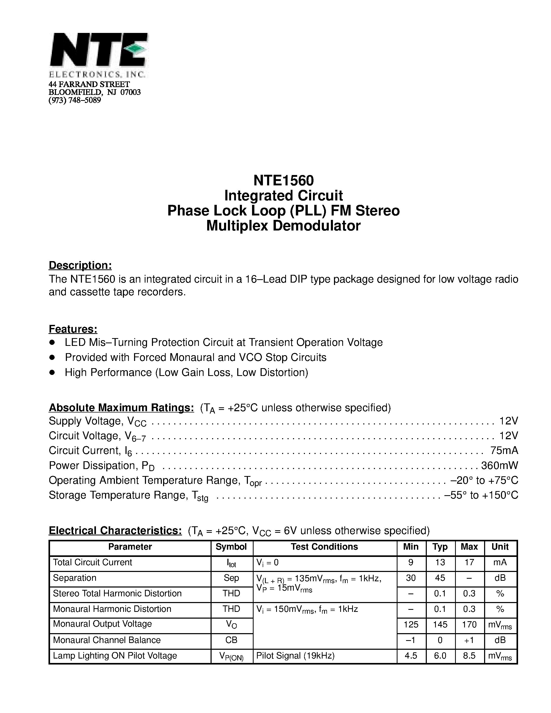 Даташит NTE1560 - Integrated Circuit Phase Lock Loop (PLL) FM Stereo Multiplex Demodulator страница 1